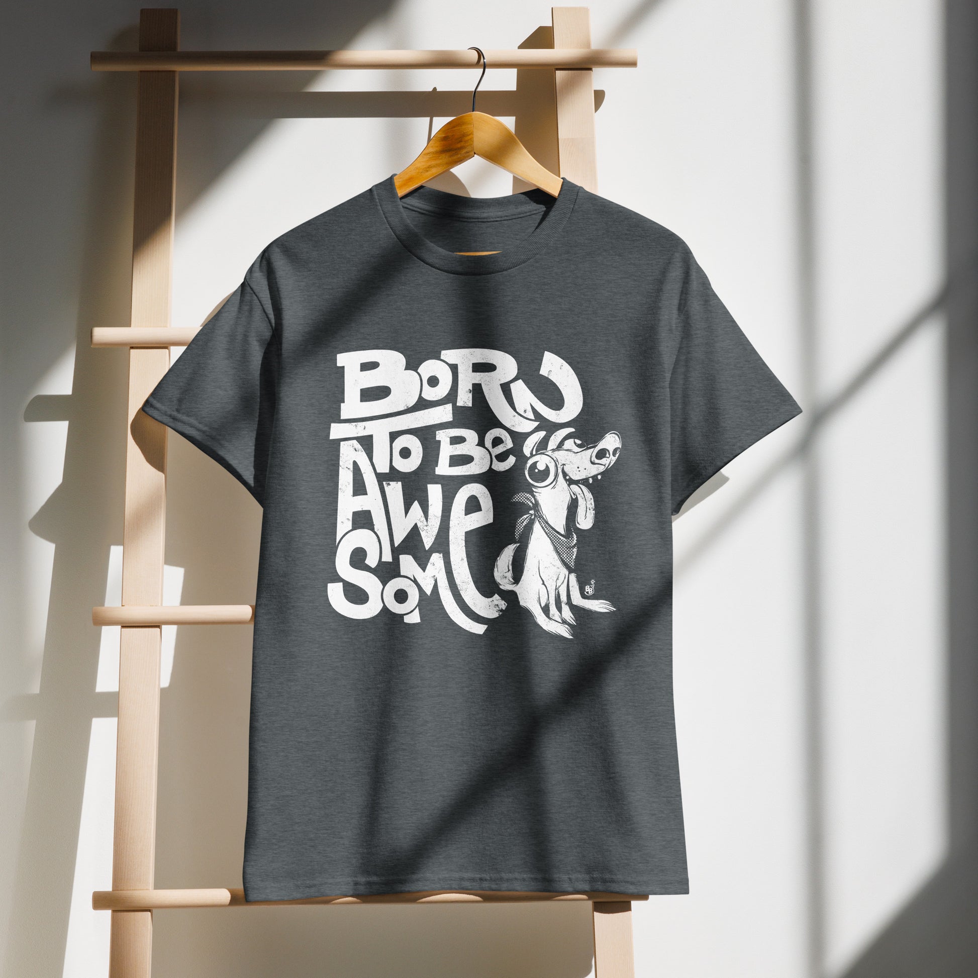 Funny statement t-shirt with confident message "Born to Be Awesome" on demo BimBangDesign