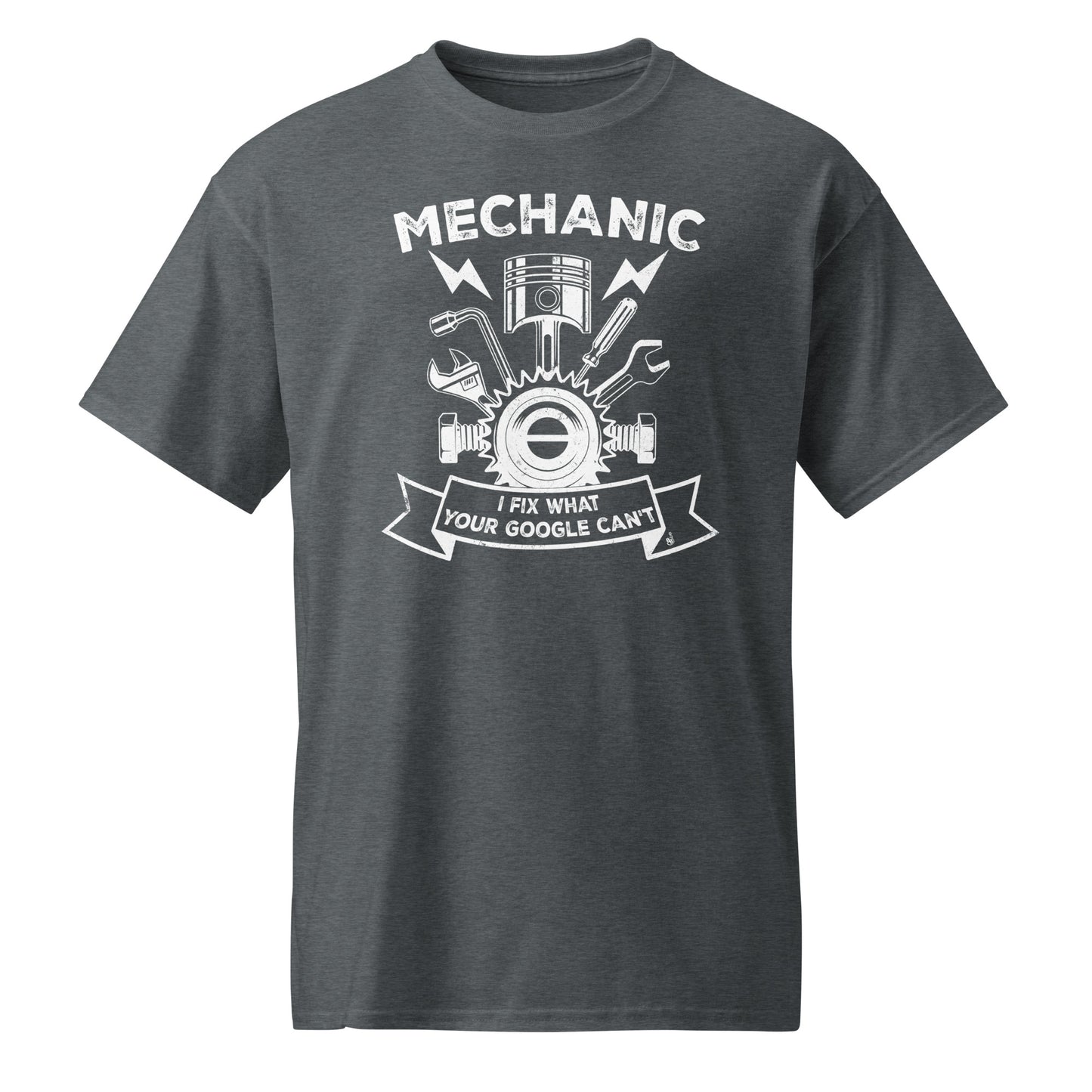Funny Dark Heather mechanic t-shirt with slogan I Fix What Google Can't BimBangDesign