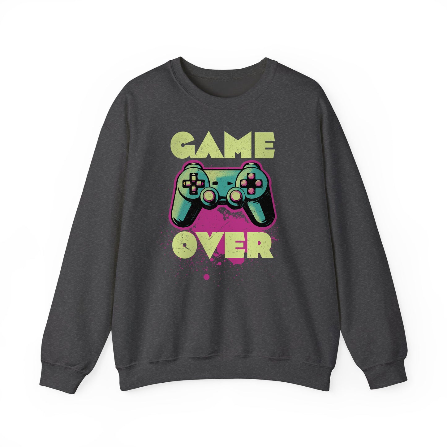 Dark Heather Game Over sweatshirt retro neon colors art for gamers BimBangDesign