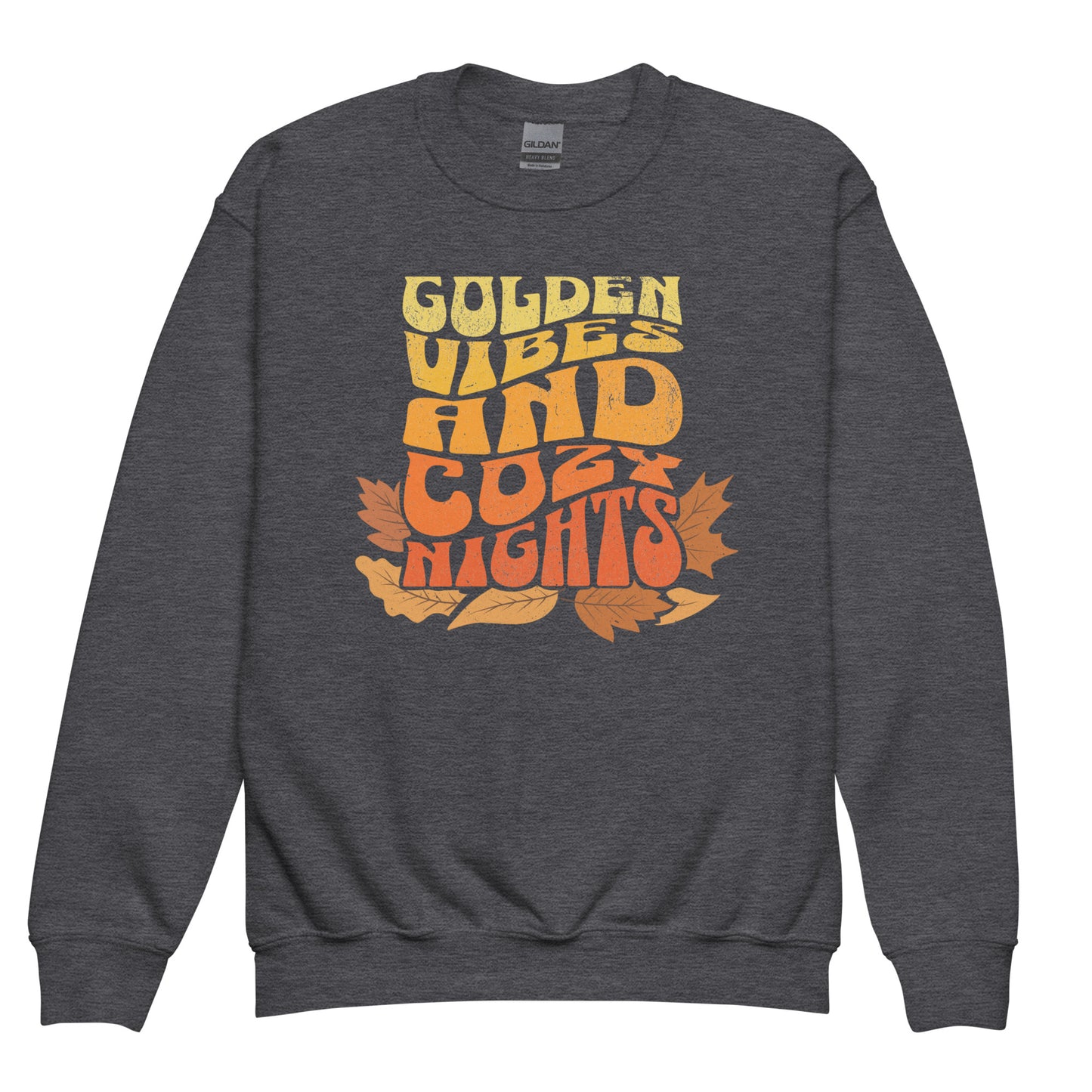 Dark Heather Kids sweatshirt with colorful “Golden Vibes and Cozy Nights” text and autumn leaves illustration. Cozy fall crewneck for children. BimBangDesign