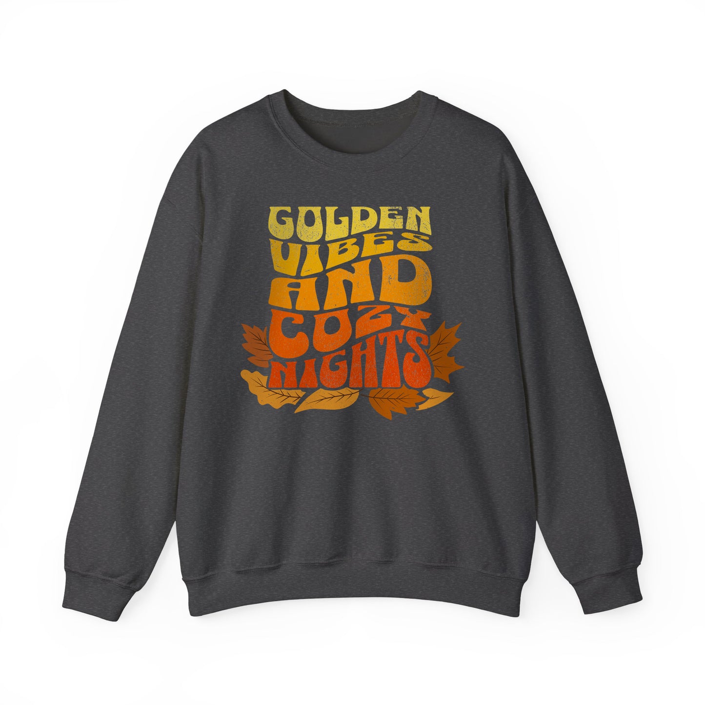 Dark Heather sweatshirt with “Golden Vibes and Cozy Nights” text in yellow-to-orange gradient and autumn leafs BimBangDesign