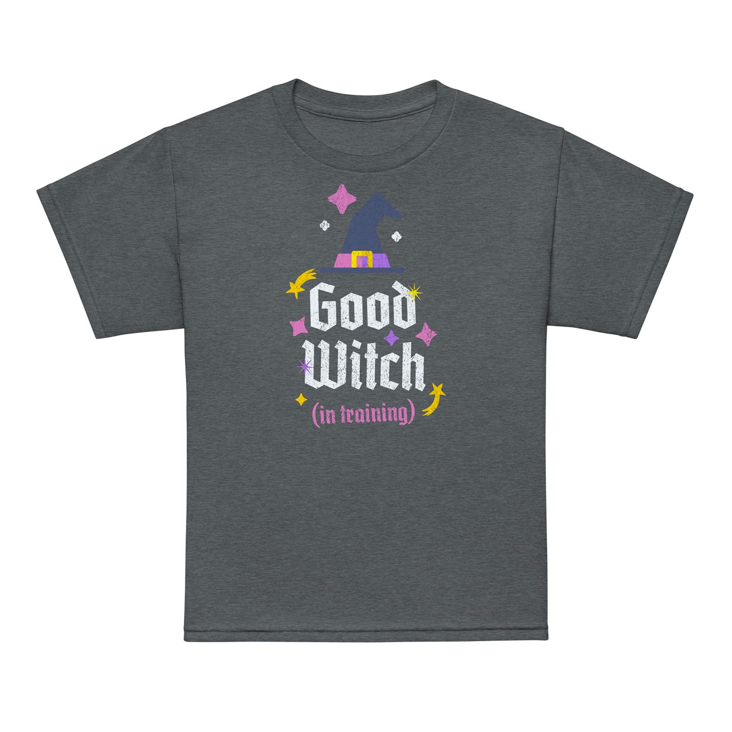 Dark Heather Good Witch In Training kids t-shirt — pink and yellow stars design
