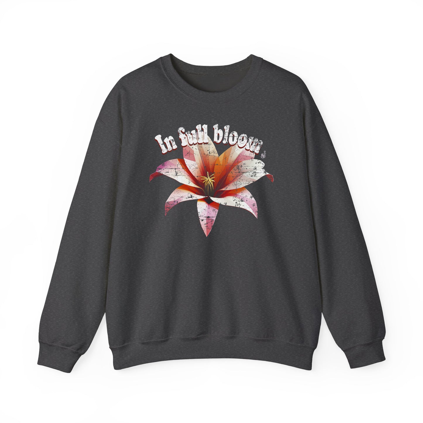 Dark Heather In Full Bloom Sweatshirt with minimalist 3d Low poly flower design and pastel tones BimBangDesign