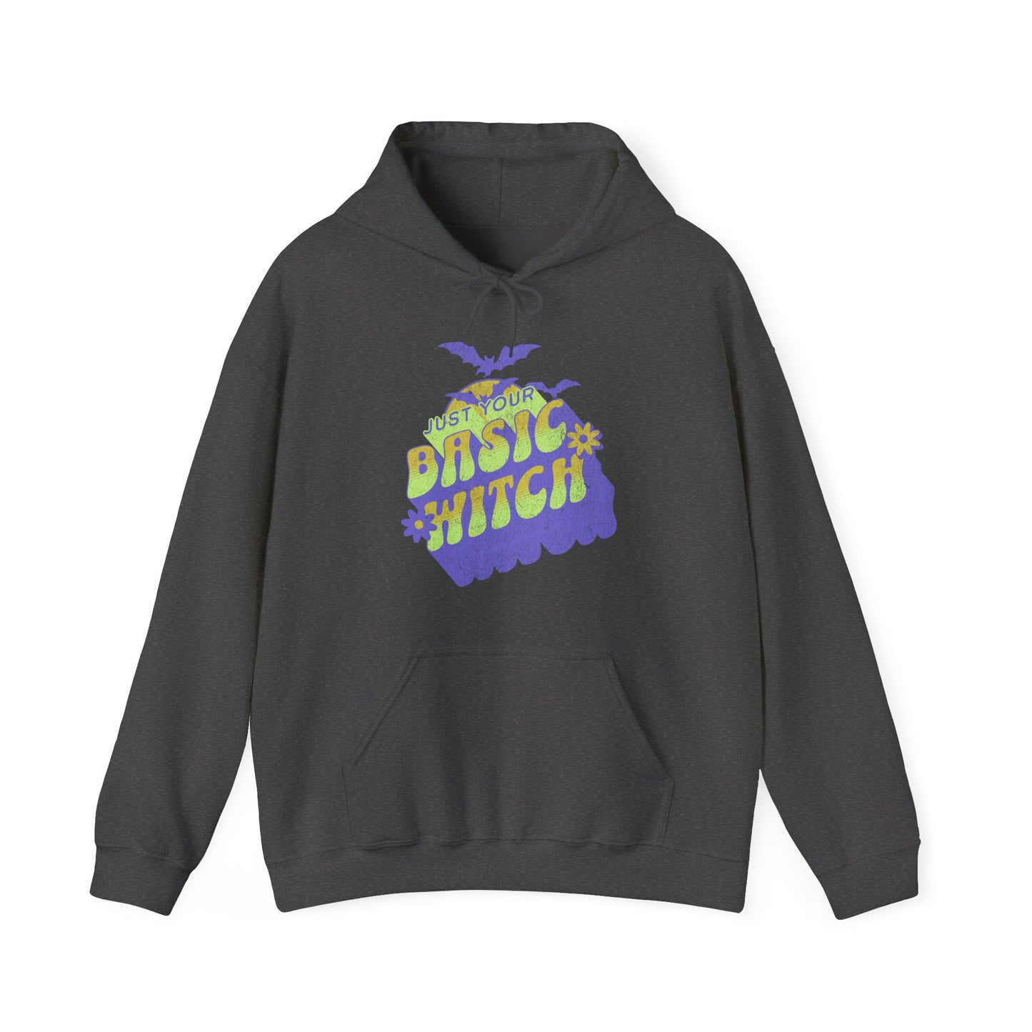Dark Heather Unisex “Just Your Basic Witch” Halloween hoodie with witchy print — cozy fall fashion with playful attitude. BimBangDesign