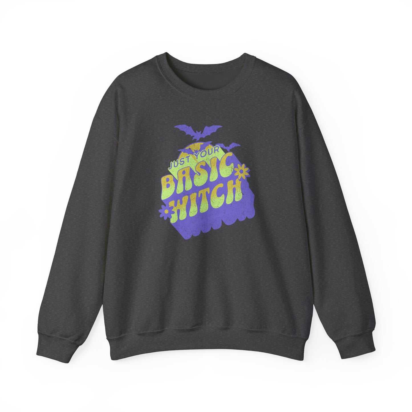 Dark Heather Unisex “Just Your Basic Witch” Halloween sweatshirt with witchy print — cozy fall fashion with playful attitude.