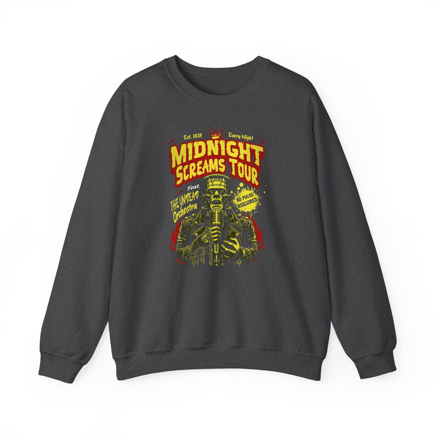 Dark Heather Midnight Screams Tour sweatshirt – Frankenstein concert design – BimBangDesign