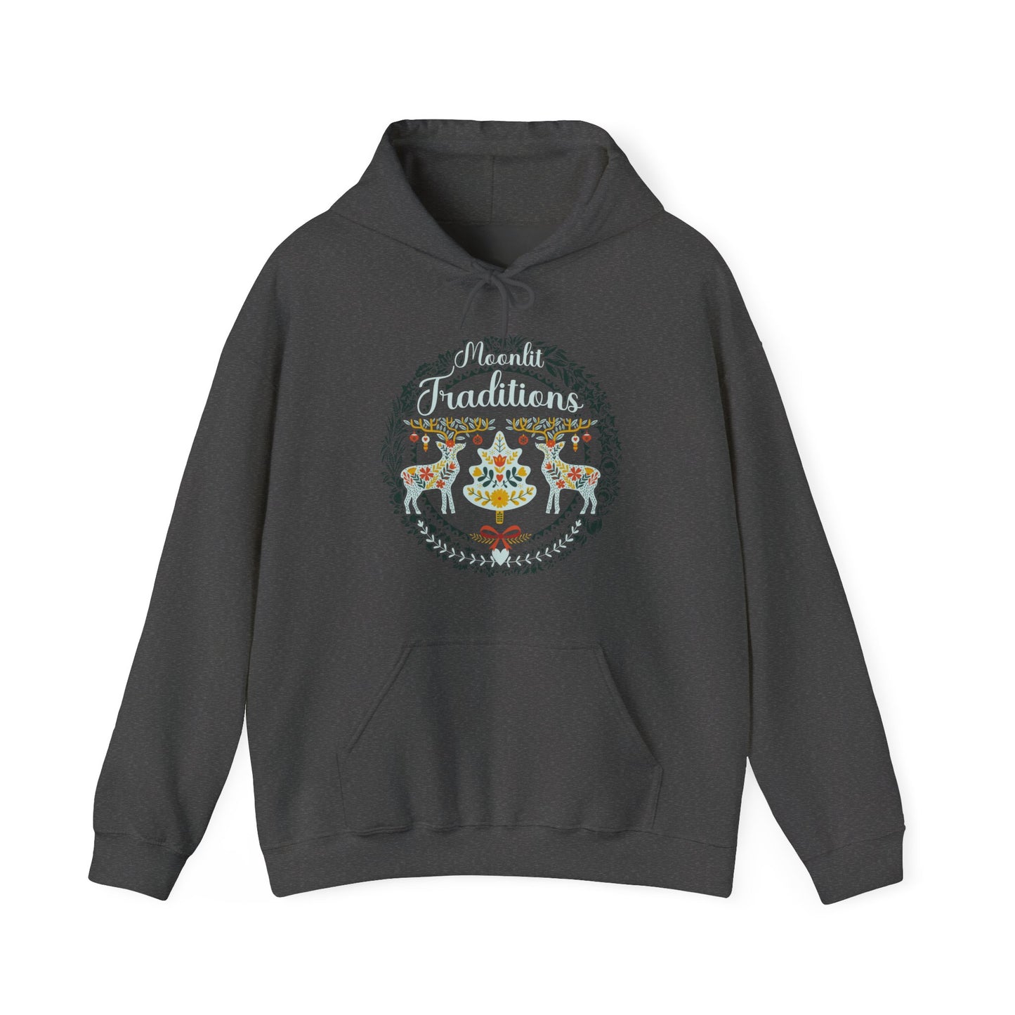 Dark Heather Winter-themed Cozy Christmas hoodie with classic European-style holiday illustration
