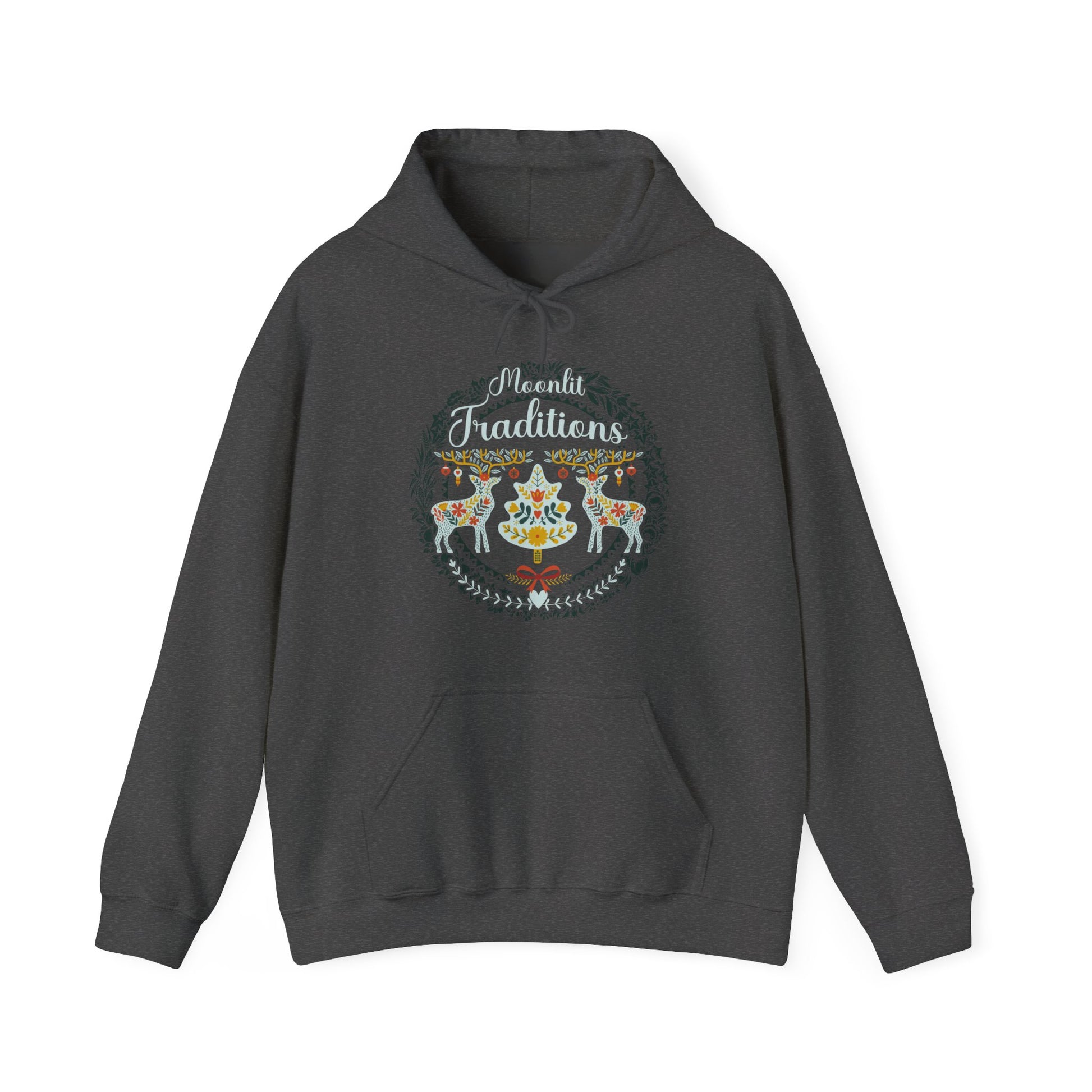 Dark Heather Winter-themed Cozy Christmas hoodie with classic European-style holiday illustration