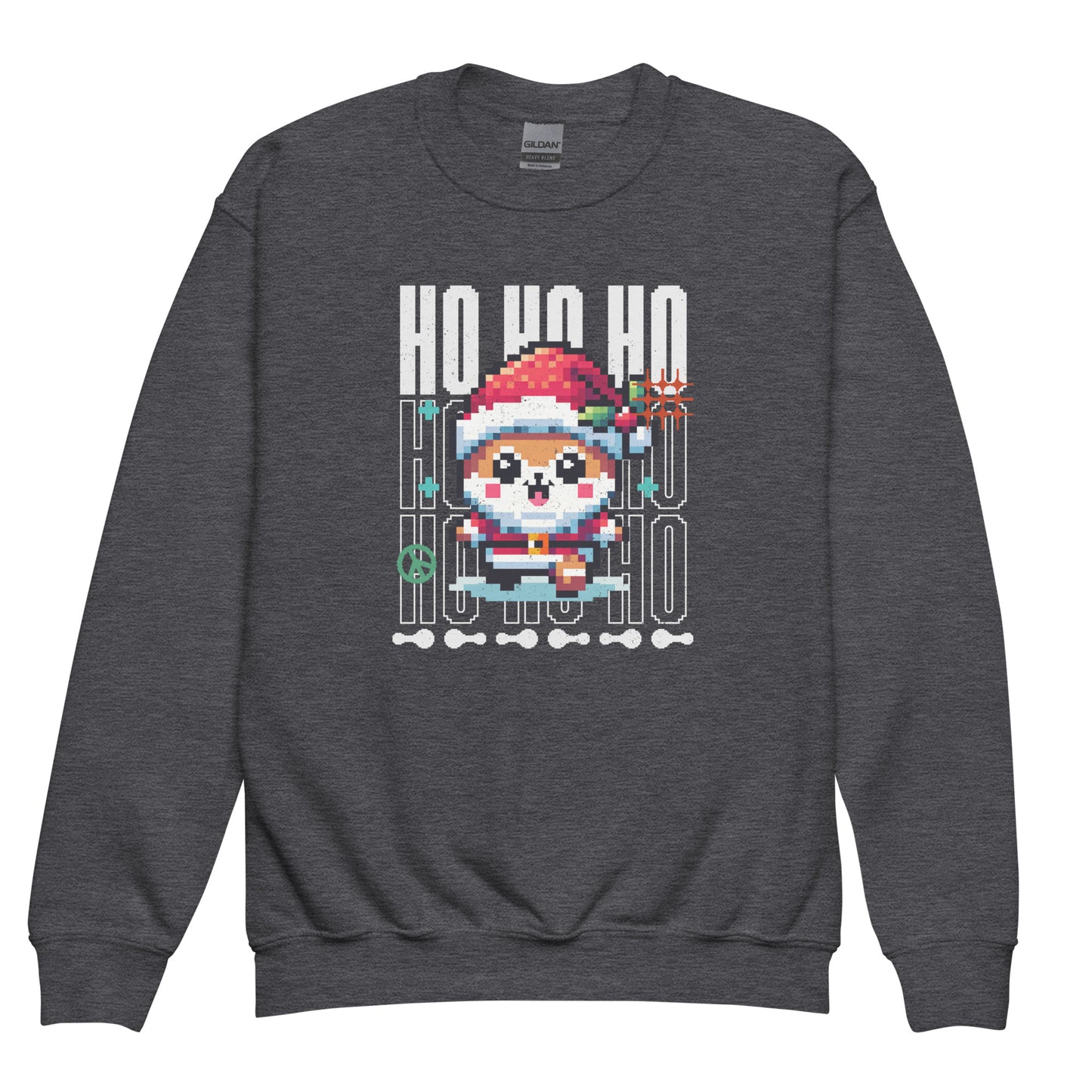 Dark Heather Pixel Christmas kids Cozy sweatshirt featuring retro holiday design.