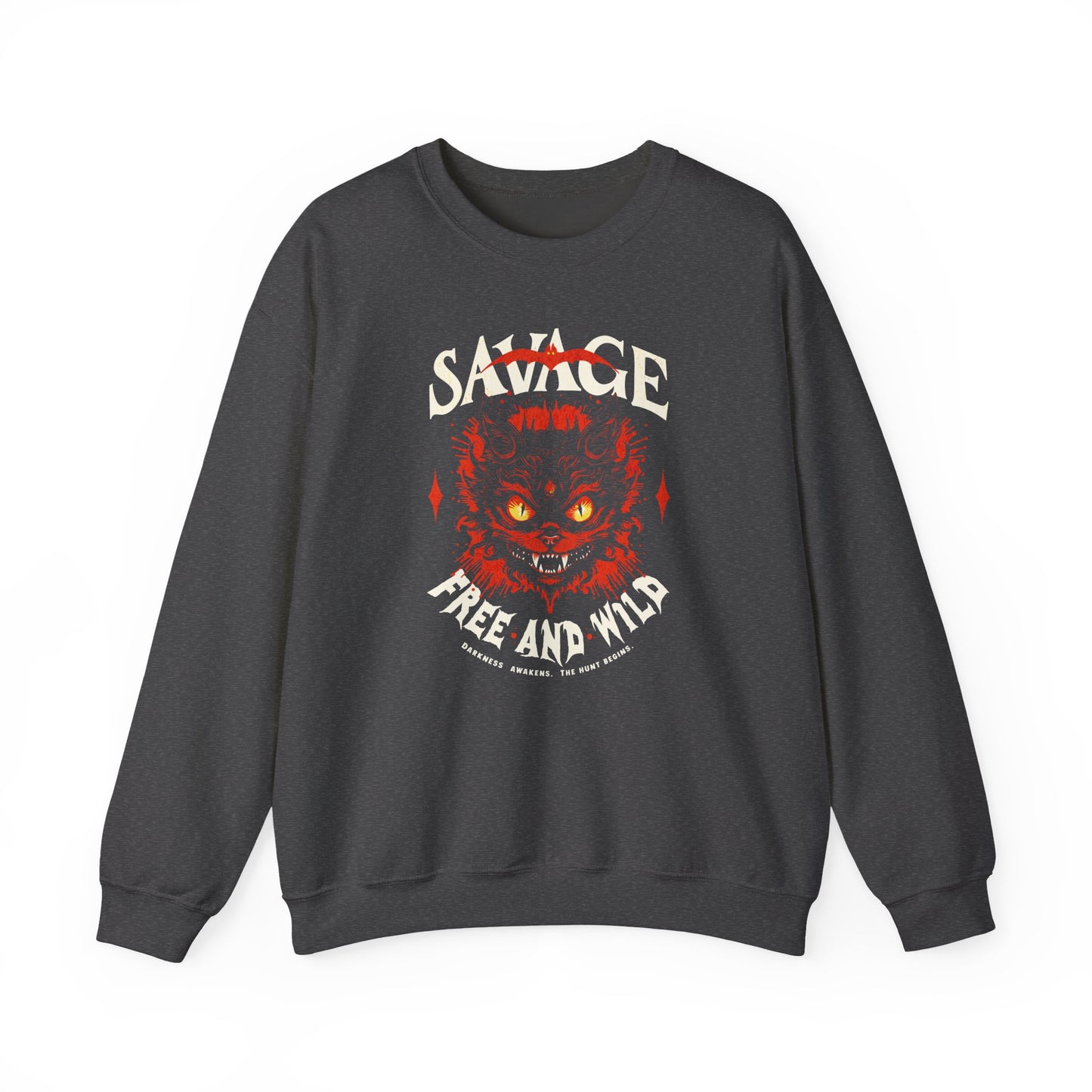 dark heather Unisex “Savage – Wild & Free” sweatshirt by BimBangDesign — cozy fleece crewneck with bold wild spirit print, perfect for everyday wear.