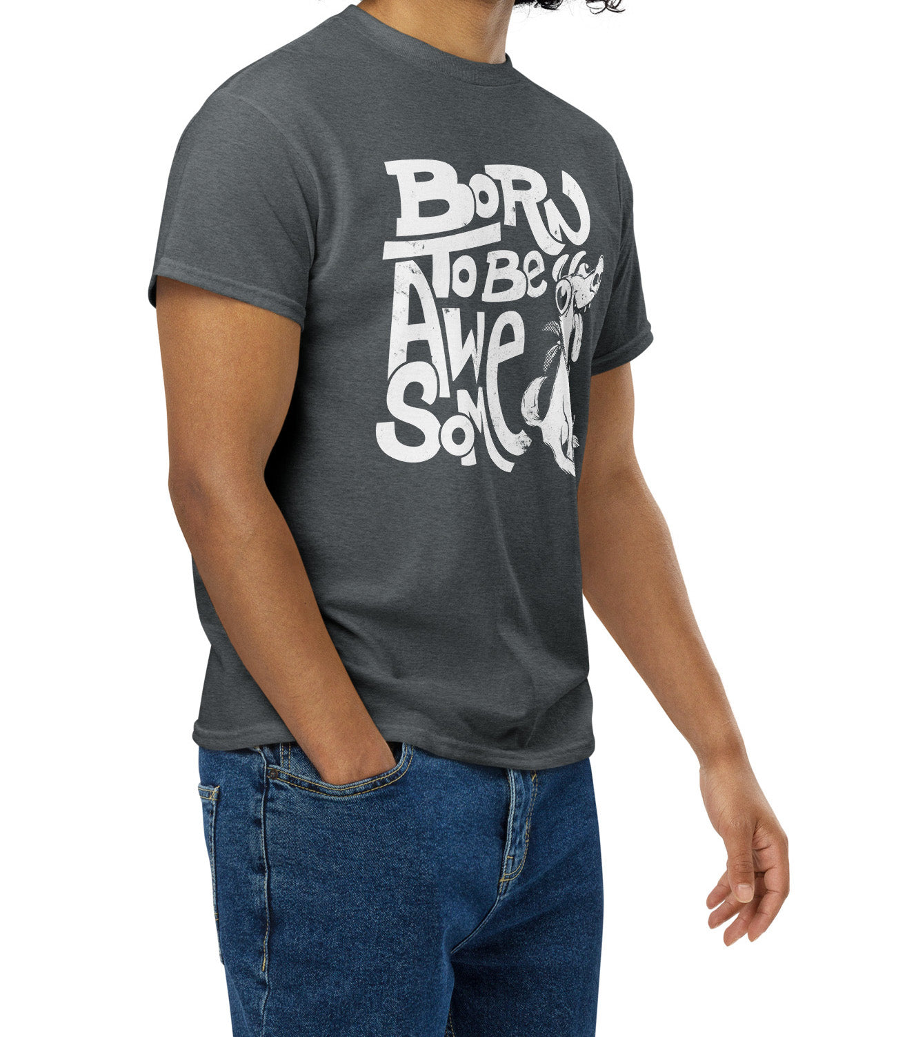 Funny statement t-shirt with confident message "Born to Be Awesome" worn by a humour vibes fan BimBangDesign