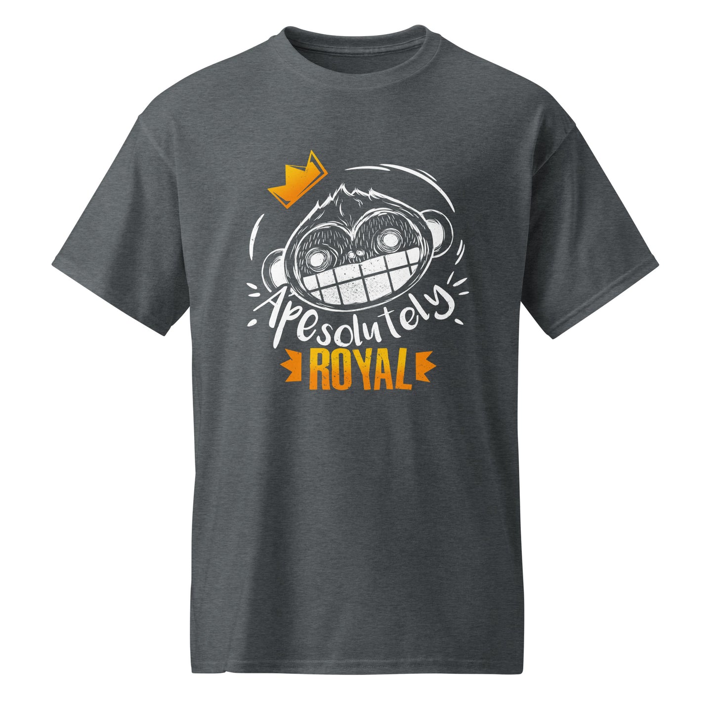 Dark Heather ApeSolutely Royal T-shirt with crowned monkey head, cartoon and sketchy style