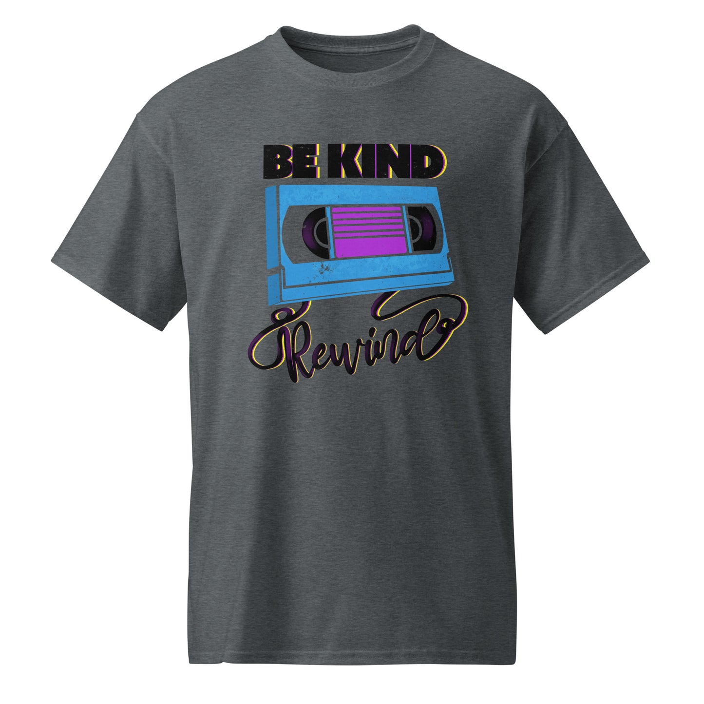 Dark Heather Be Kind Rewind T-shirt, retro typographic style, VHS inspiration, BimBangDesign