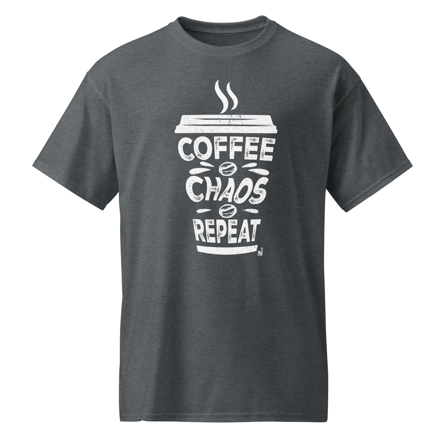 Dark Heather Coffee Chaos Repeat text t-shirt for all coffee lover on the go BimBangDesign