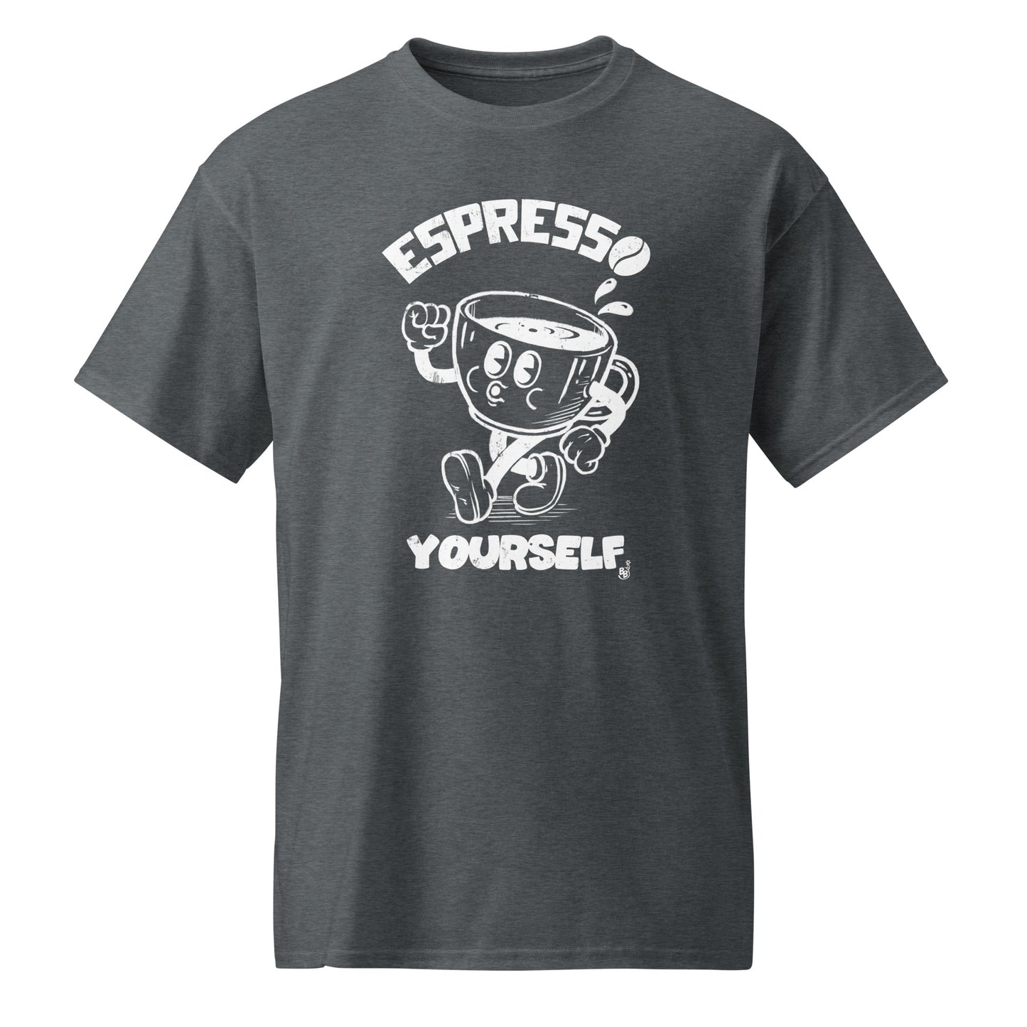 Cartoon Espresso Yourself Dark Heather t-shirt with a funny coffee cup illustration BimBangDesign