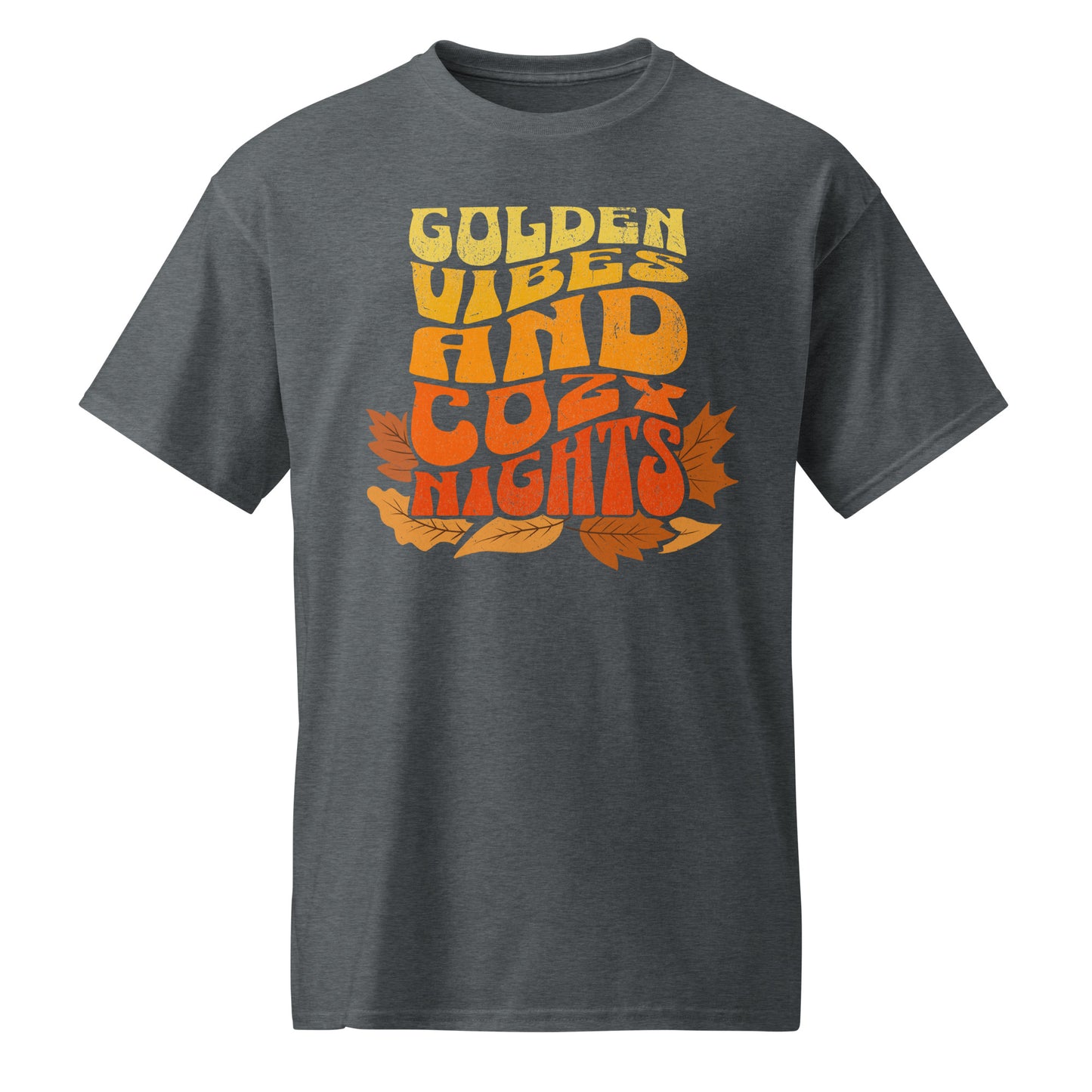 Dark Heather Comfy t-shirt with “Golden Vibes and Cozy Nights” text in yellow-to-orange gradient and autumn leafs BimBangDesign