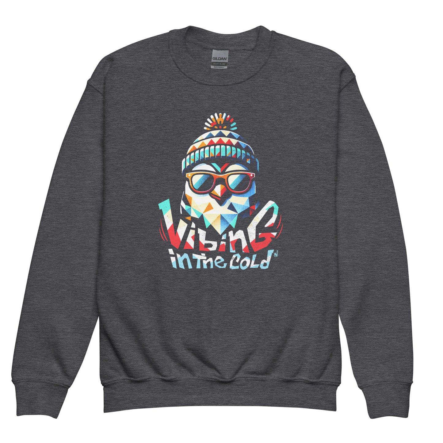 Dark Heather Casual Kids sweatshirt featuring Fun winter Vibing in the Cold slogan and cool funny energy BimBangDesign