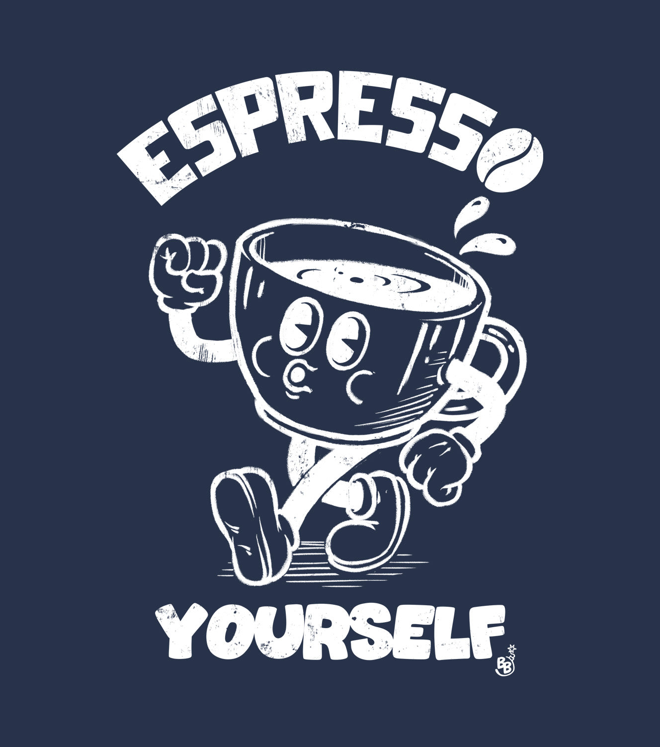Cartoon Espresso Yourself Navy t-shirt details of a funny coffee cup illustration BimBangDesign