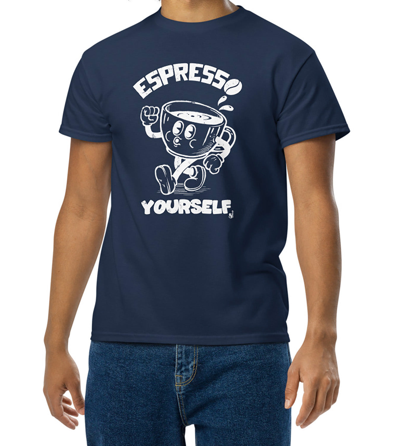 Cartoon Espresso Yourself Navy t-shirt with a funny coffee cup illustration BimBangDesign