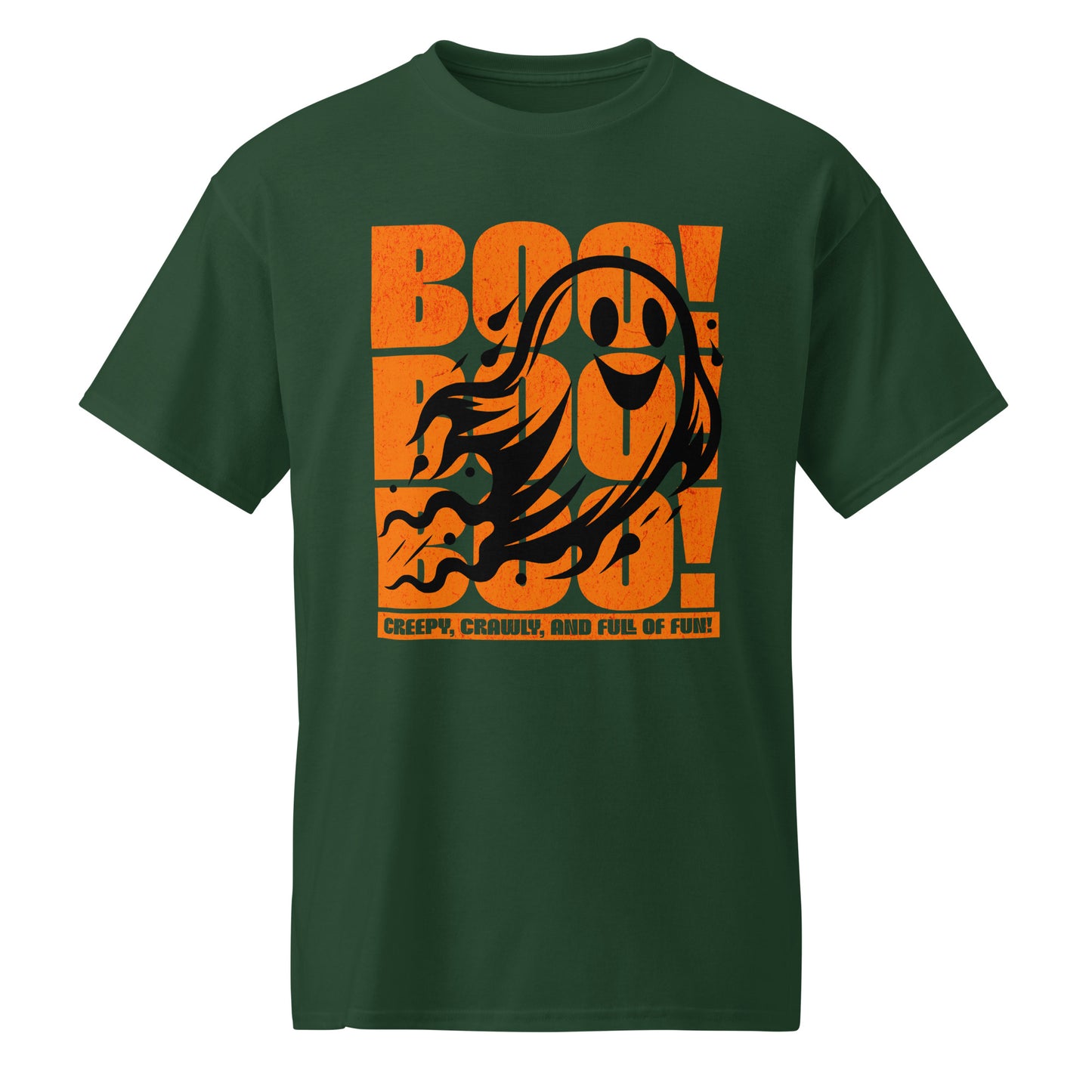 Forest Green Playful ghost design with triple “Boo” text – fun Halloween unisex t-shirt by BimBangDesign.