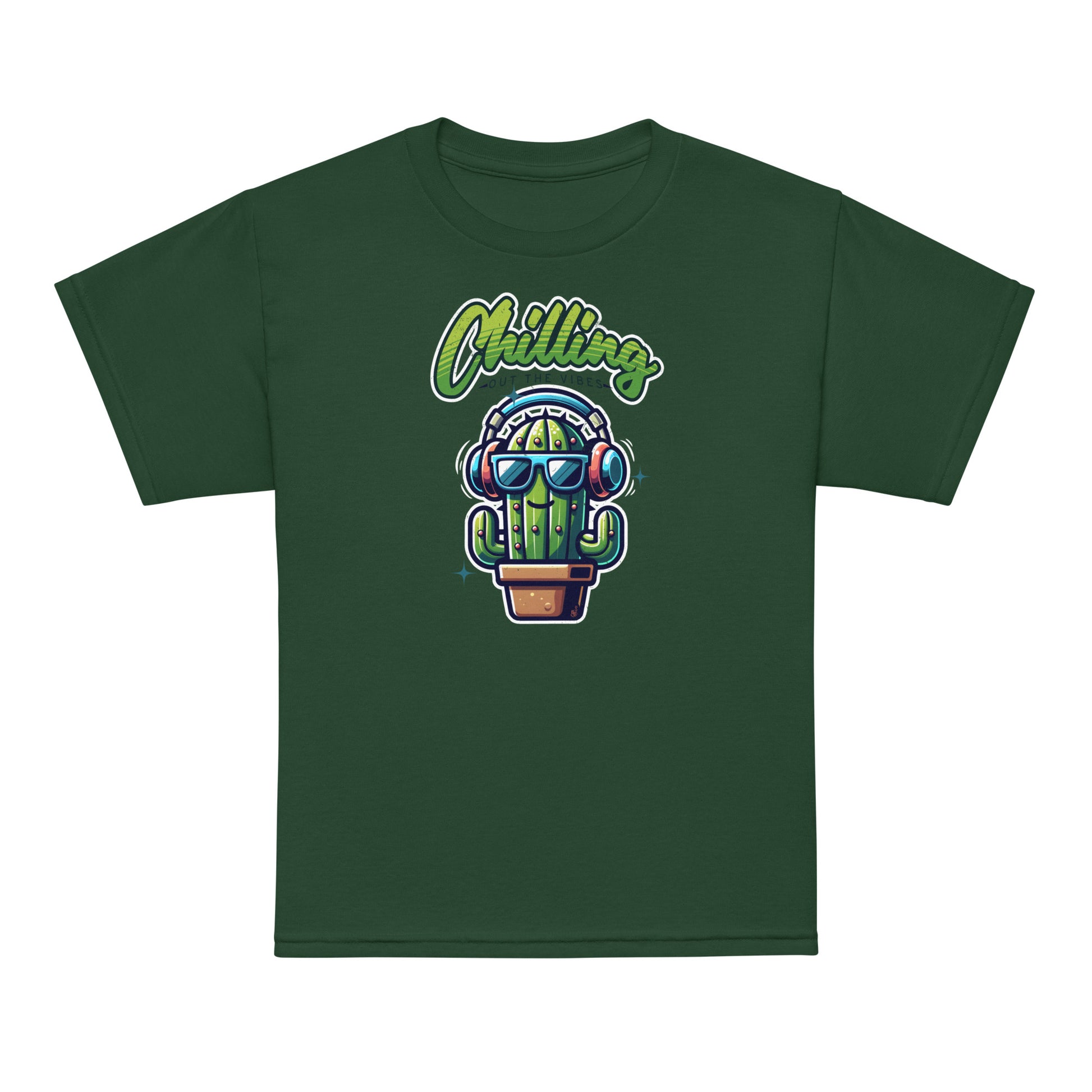 Forest Green Chilling Out the Vibes Fun music-themed kids tee with cartoon cactus design, BimBangDesign