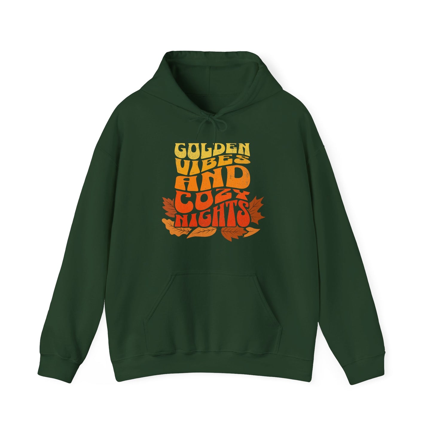 Comfy forest green hoodie with “Golden Vibes and Cozy Nights” text in yellow-to-orange gradient and autumn leafs BimBangDesign