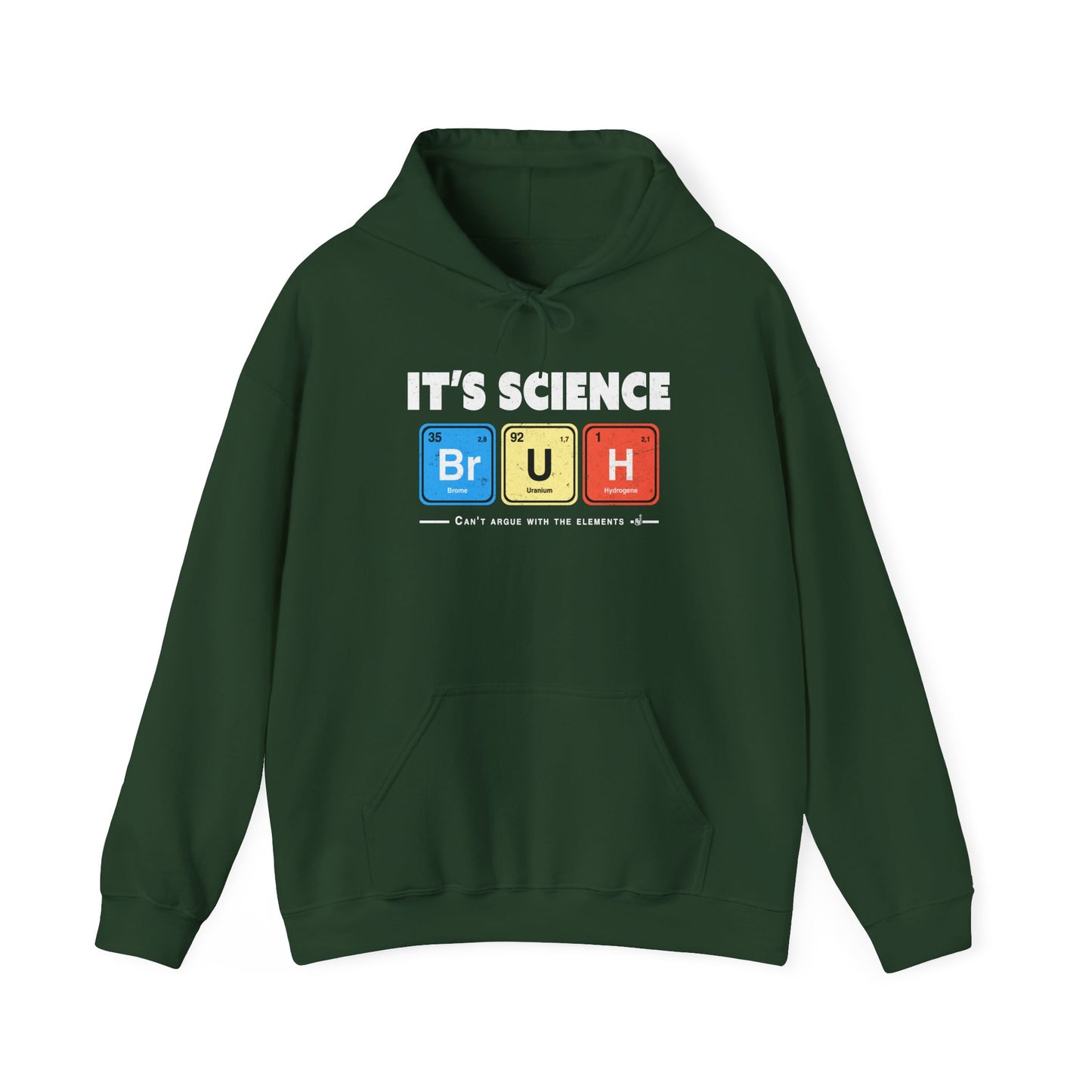 Forest Green Geeky and funny chemistry hoodie with bold white lettering and periodic table squares. BimBangDesign