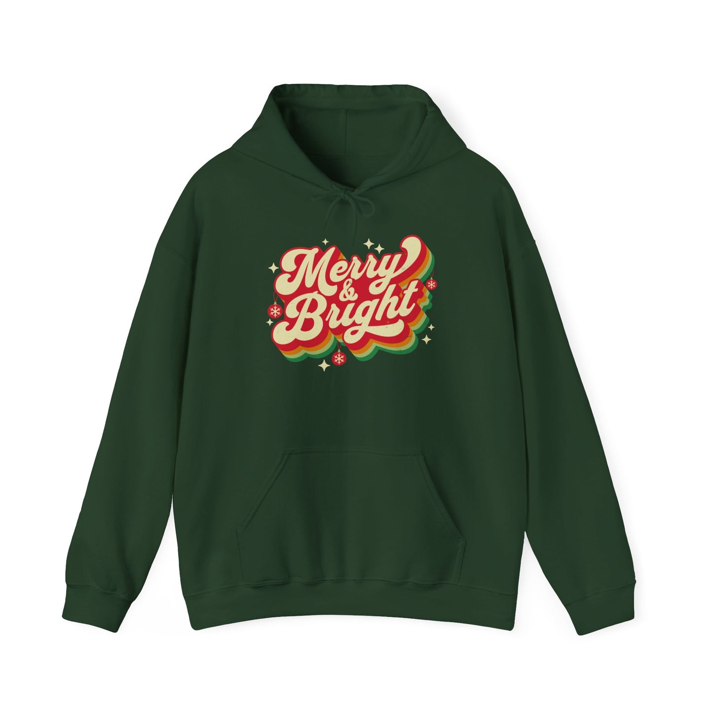 Forest Green Cozy Unisex Christmas hoodie with warm fleece and festive “Merry & Bright” print BimBangDesign