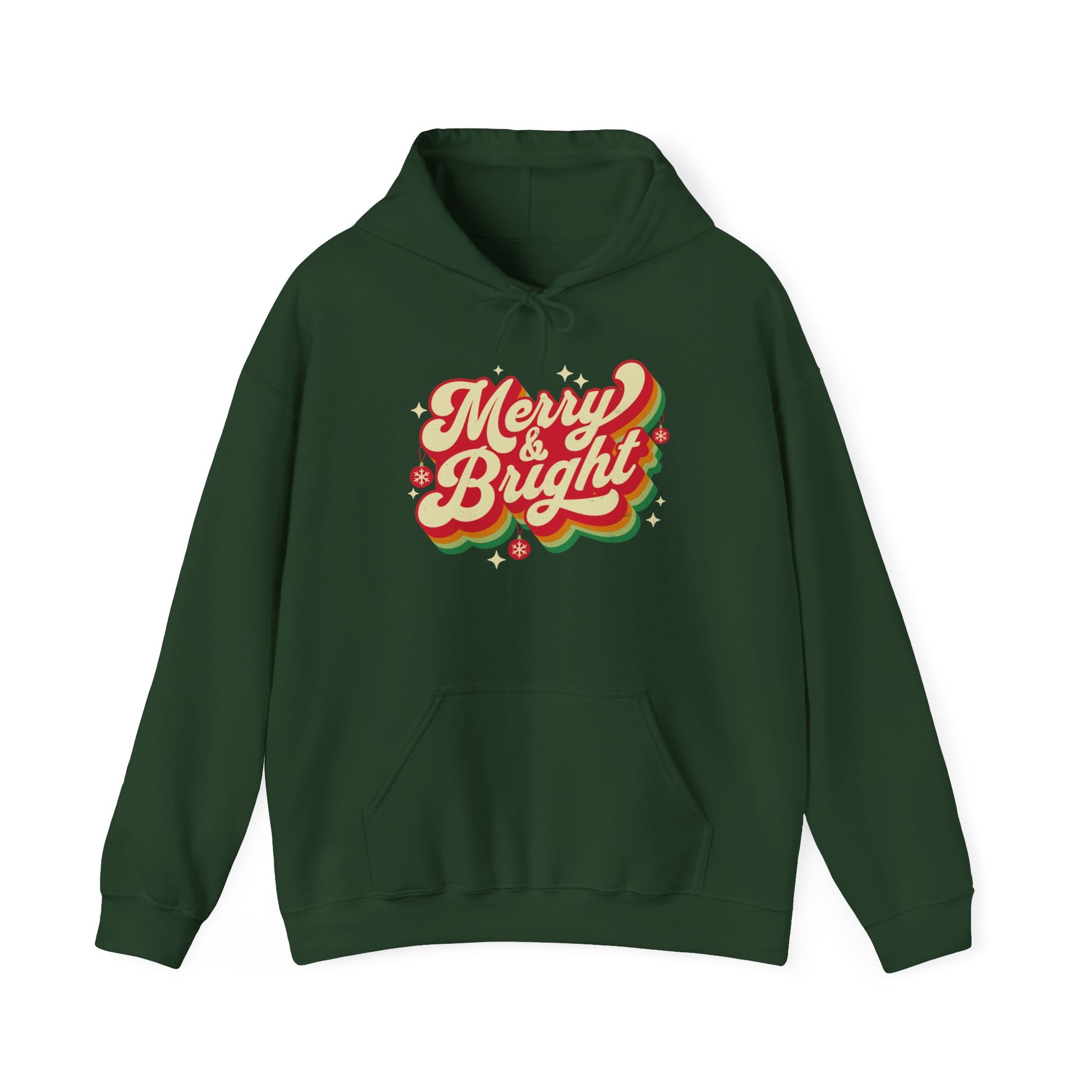 Forest Green Cozy Unisex Christmas hoodie with warm fleece and festive “Merry & Bright” print BimBangDesign