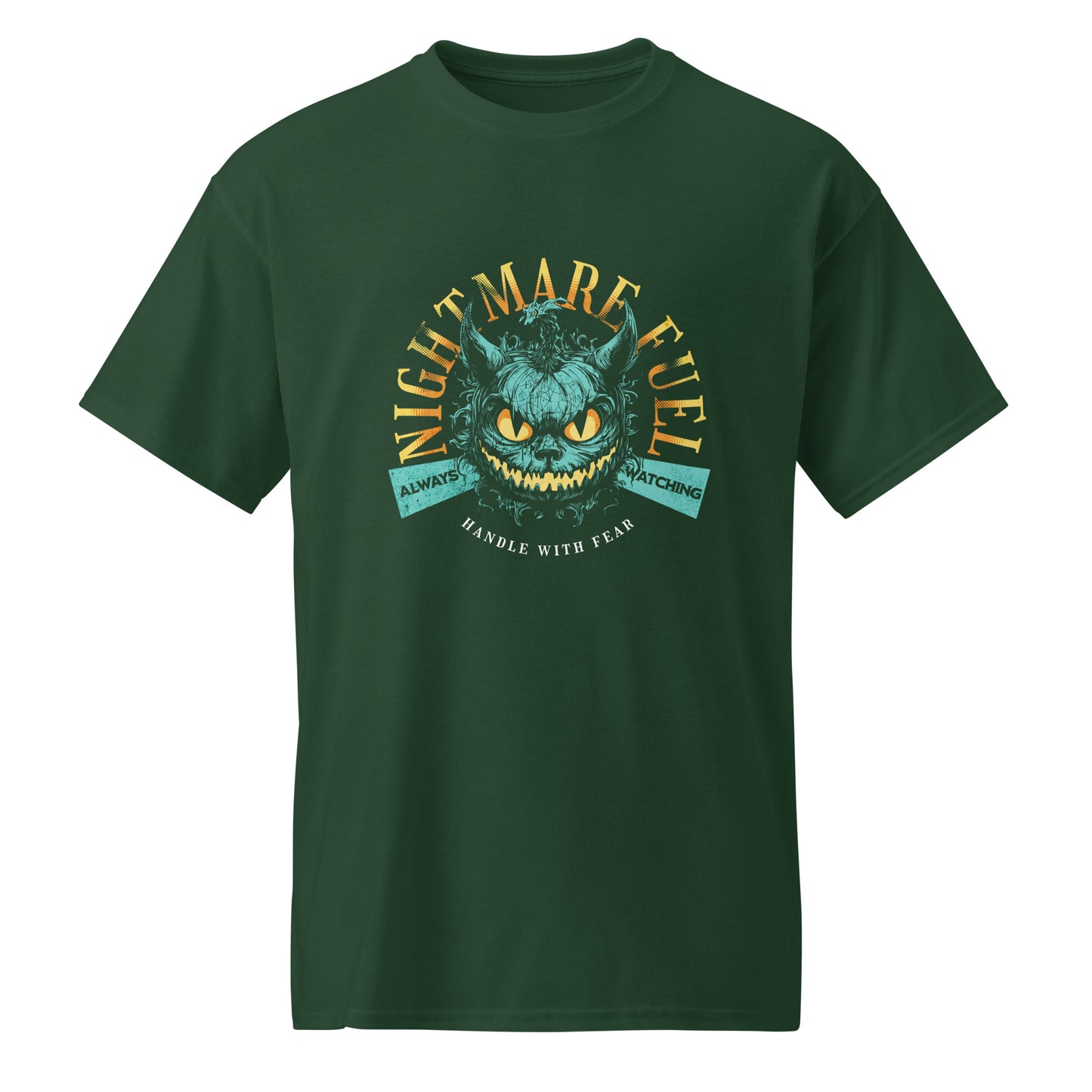 Forest Green Unisex t-shirt with a creepy-cute monster design and the text “Nightmare Fuel”, by BimBangDesign