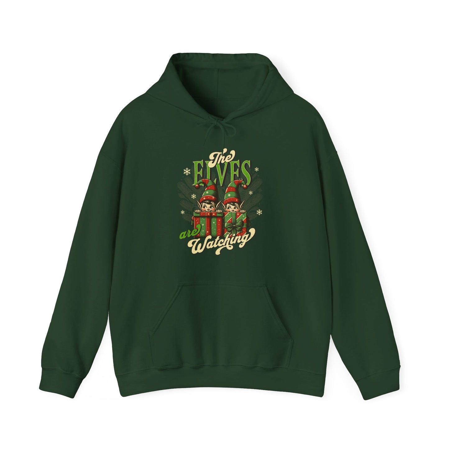 Forest Green Cozy festive hoodie featuring mischievous elf-themed graphic – BimBangDesig