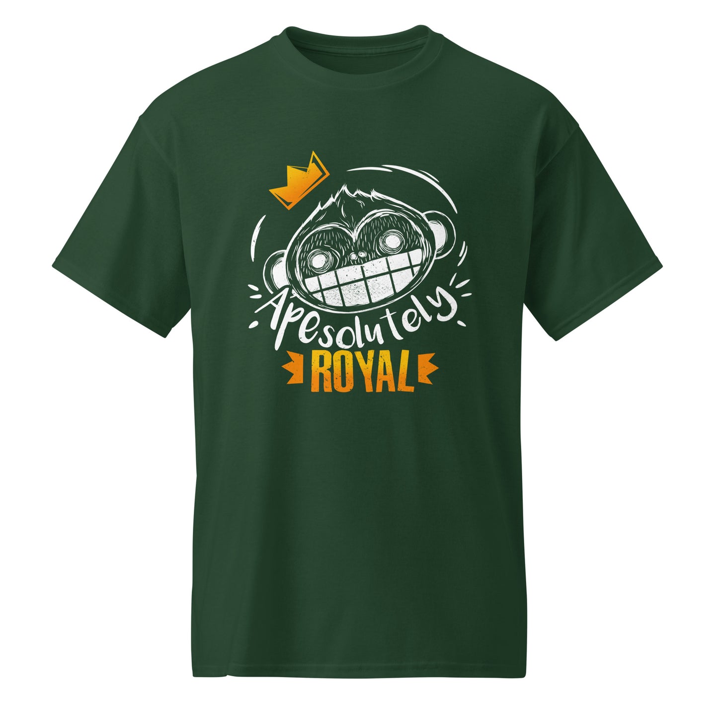 Forest Green ApeSolutely Royal T-shirt with crowned monkey head, cartoon and sketchy style