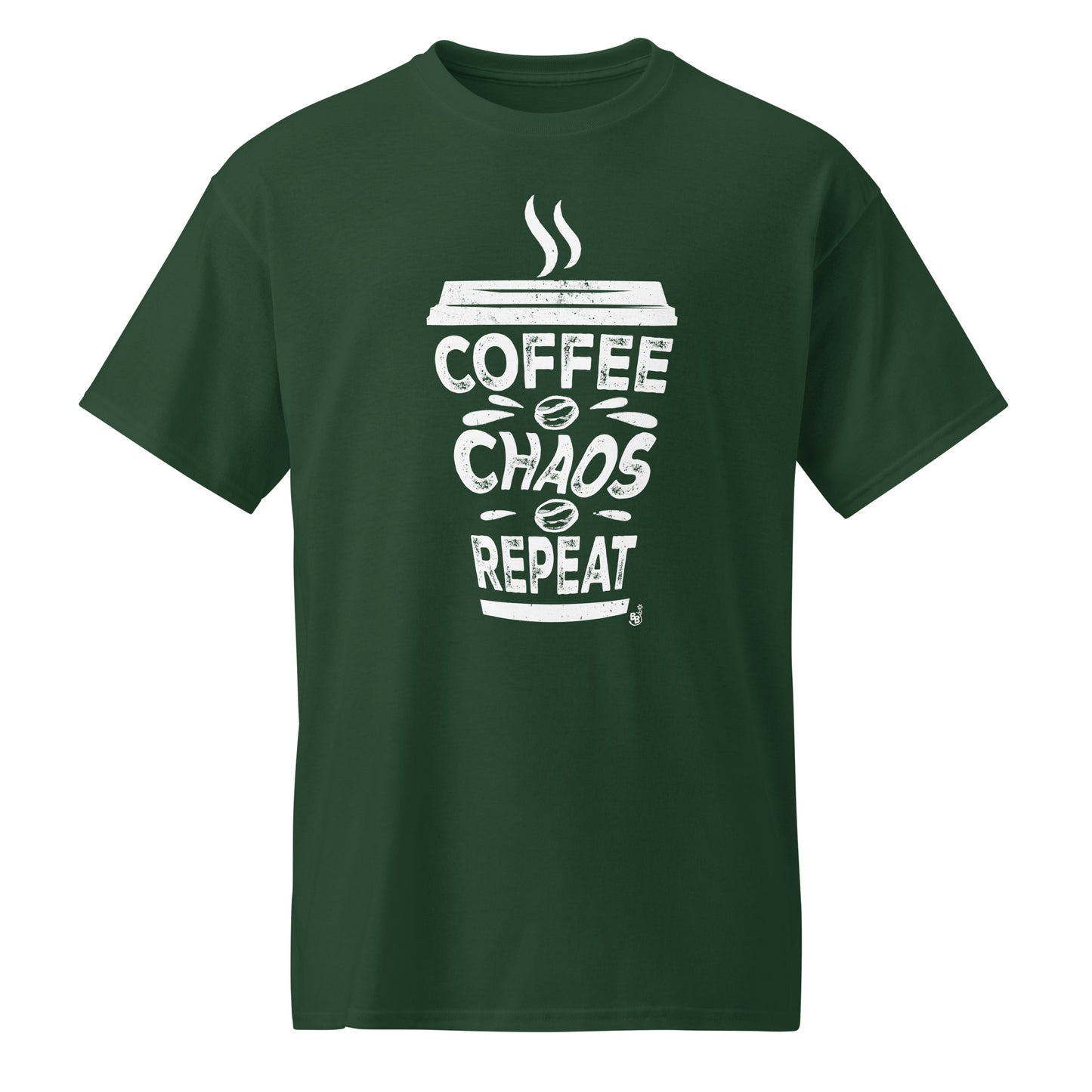 Forest green Coffee Chaos Repeat text t-shirt for all coffee lover on the go BimBangDesign