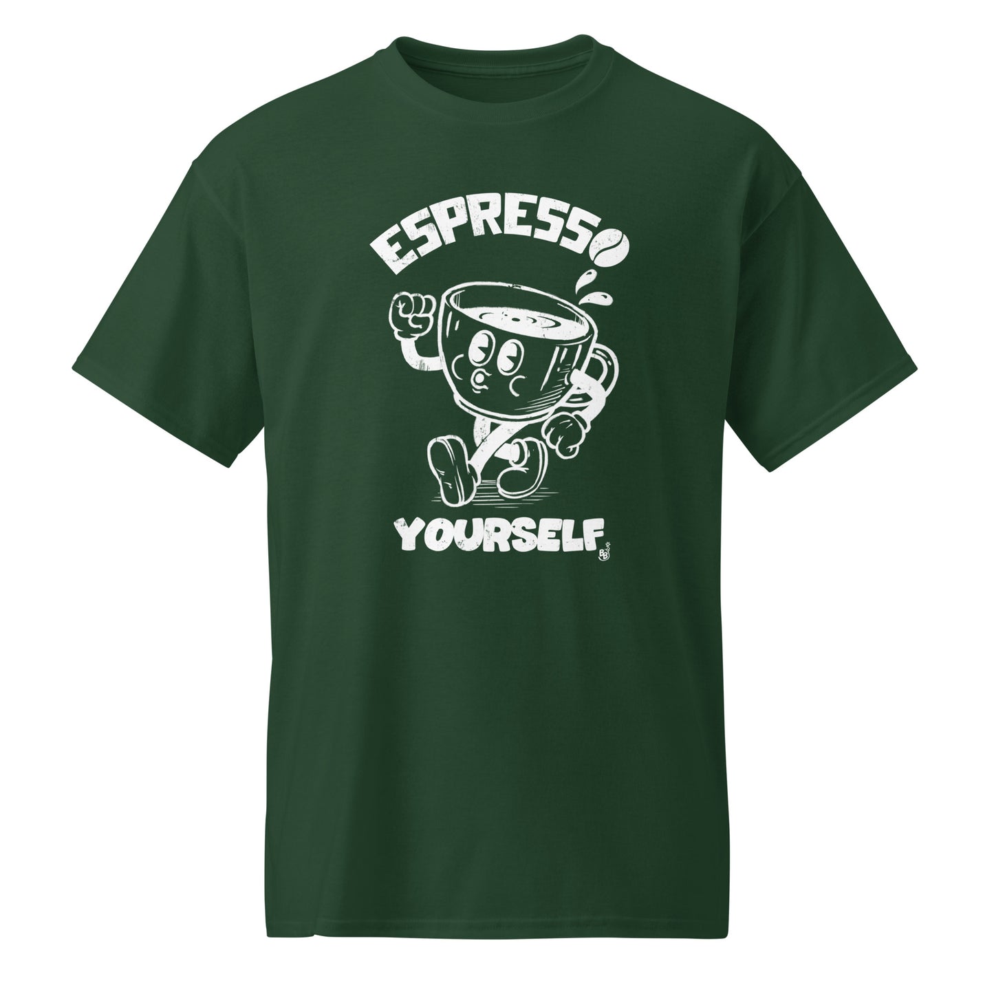 Cartoon Espresso Yourself Forest Green t-shirt with a funny coffee cup illustration BimBangDesign
