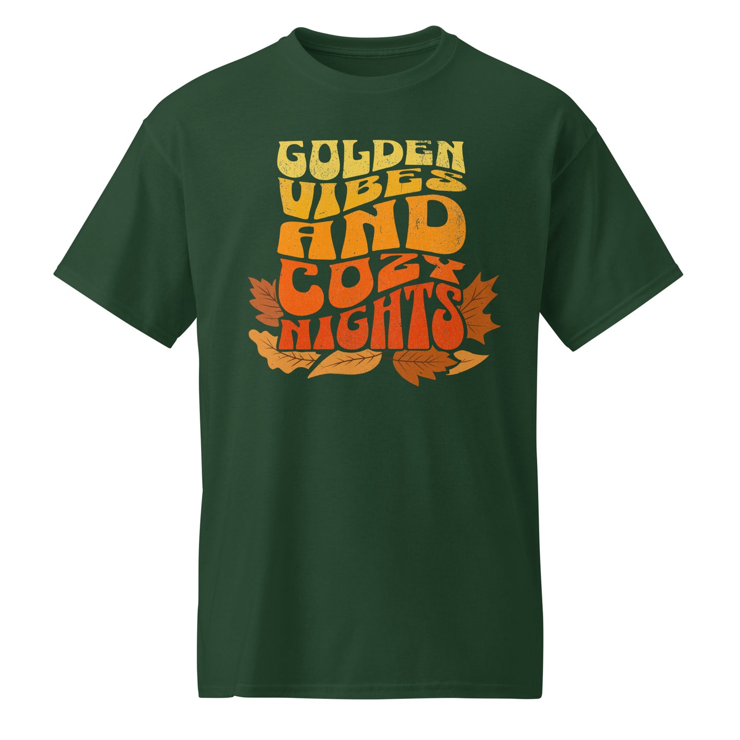 Forest Green Comfy t-shirt with “Golden Vibes and Cozy Nights” text in yellow-to-orange gradient and autumn leafs BimBangDesign