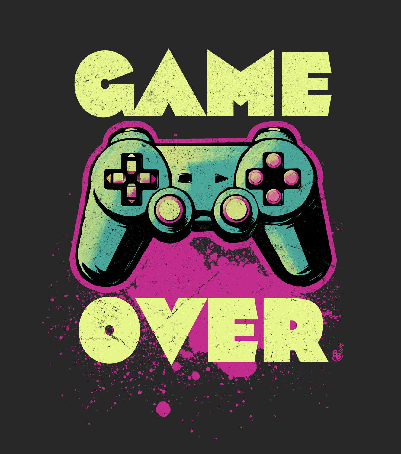 Black Game Over t-shirt retro neon colors art print details for gamers BimBangDesign