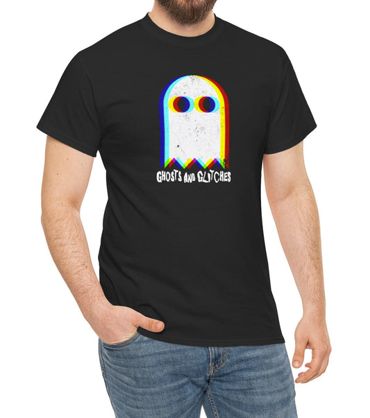 Unisex “Ghosts and Glitches” t-shirt featuring pixel ghosts and retro video game design — Halloween gamer tee for fun, casual wear.