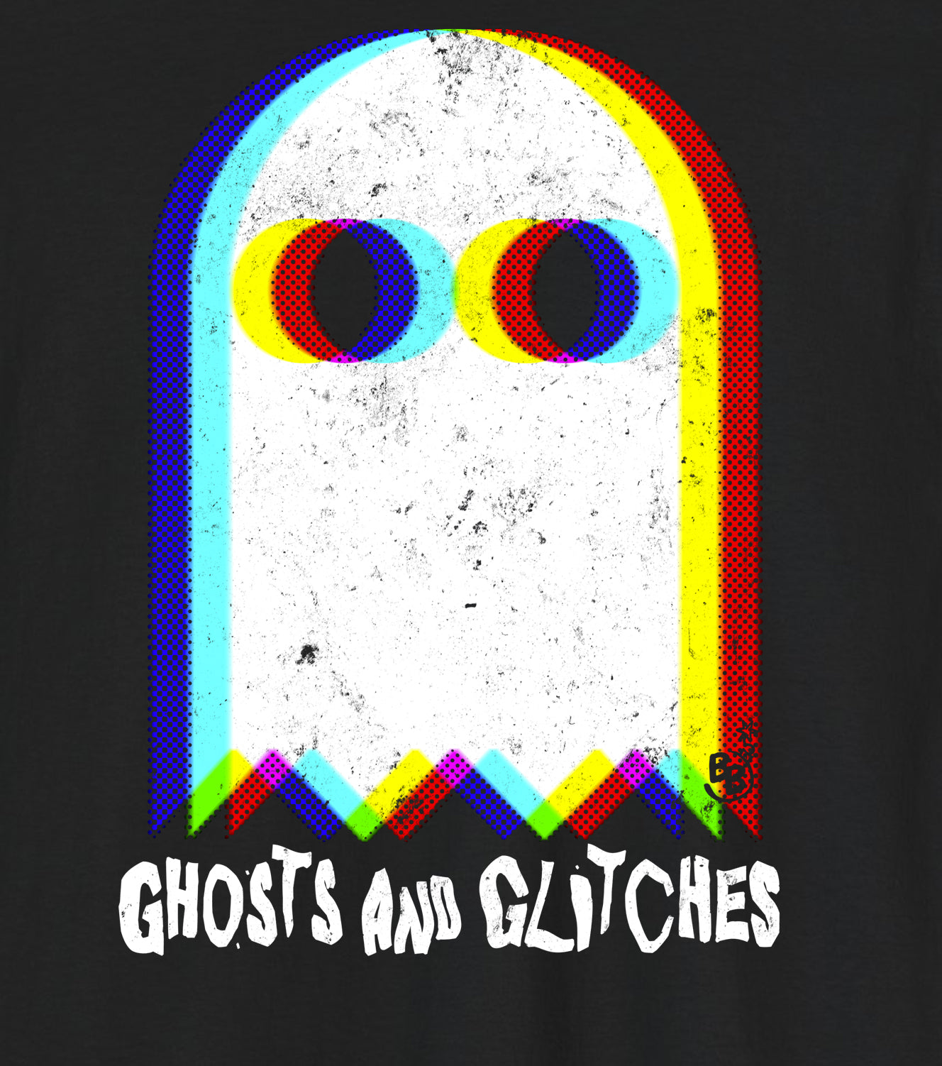 Unisex “Ghosts and Glitches” t-shirt details featuring pixel ghosts and retro video game design — Halloween gamer tee for fun, casual wear.