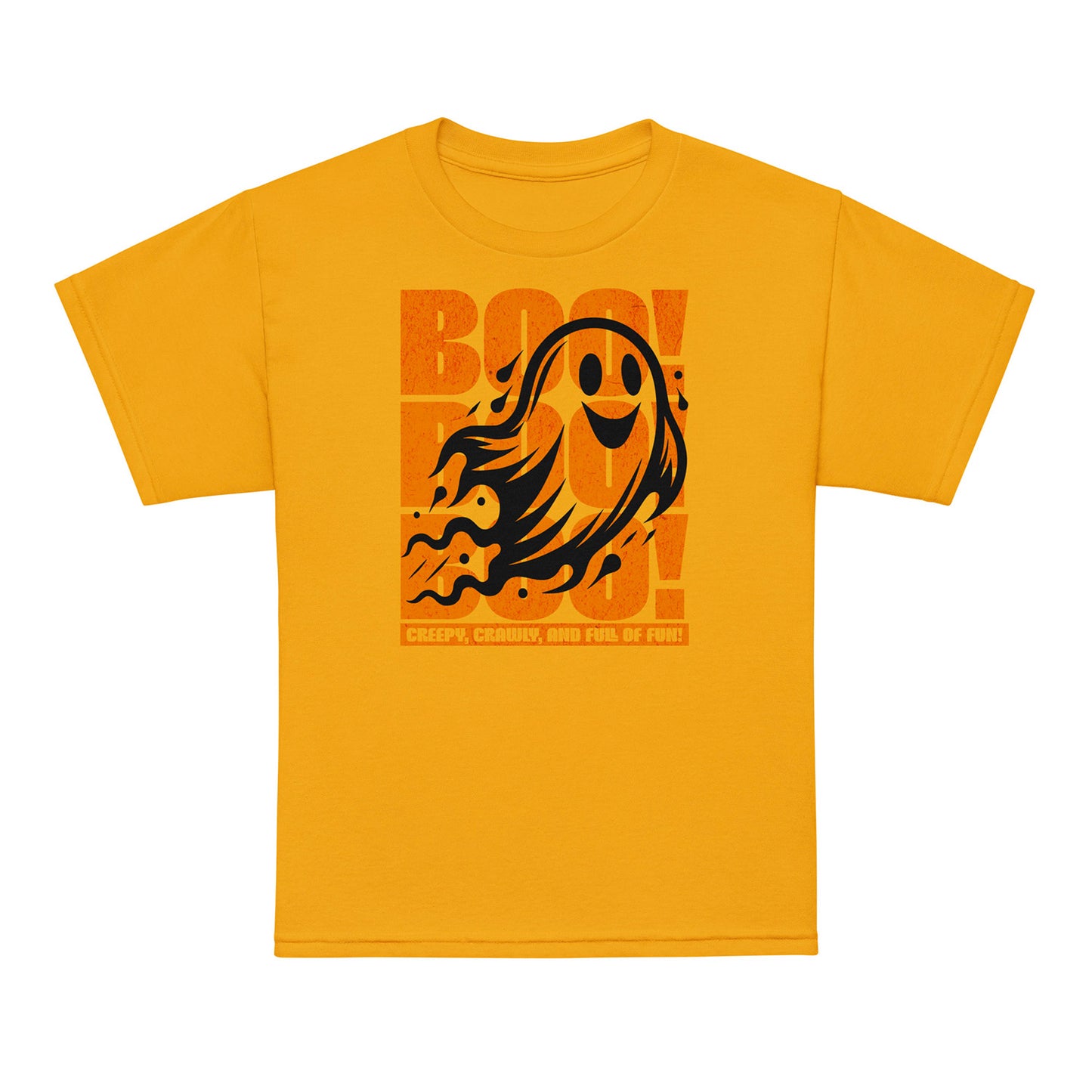 Gold Kids “Boo Boo Boo” Halloween t-shirt featuring a cute vintage ghost illustration — fun, comfy tee for trick-or-treating and everyday wear. BimBangDesign