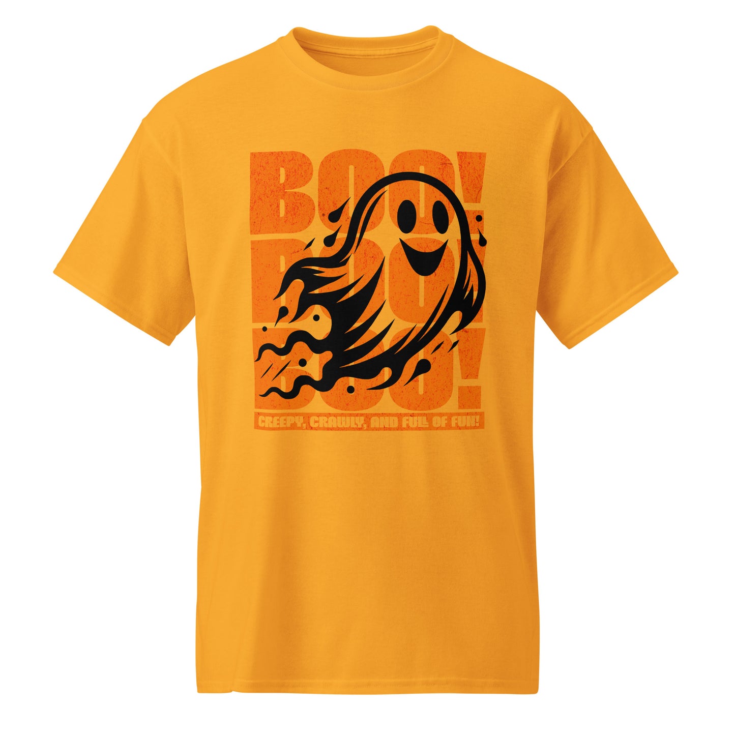 Gold Playful ghost design with triple “Boo” text – fun Halloween unisex t-shirt by BimBangDesign.