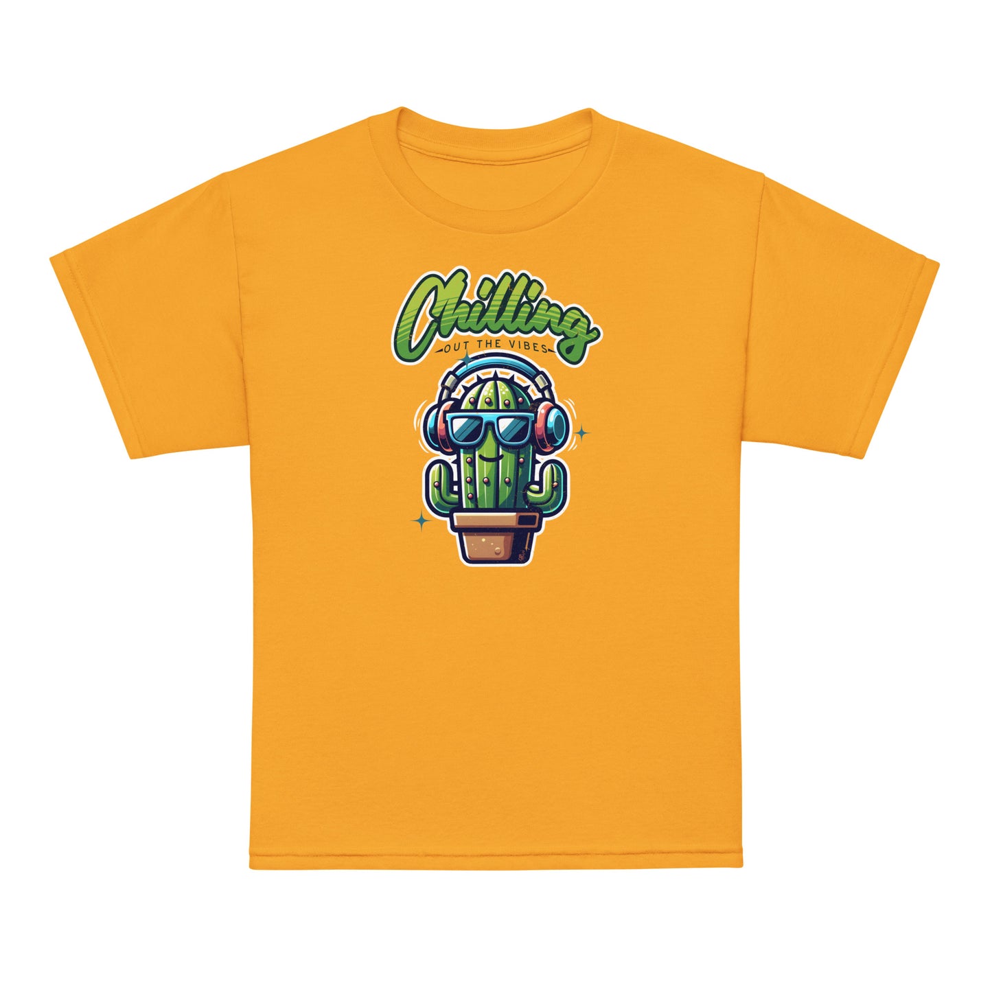 Gold Chilling Out the Vibes Fun music-themed kids tee with cartoon cactus design, BimBangDesign