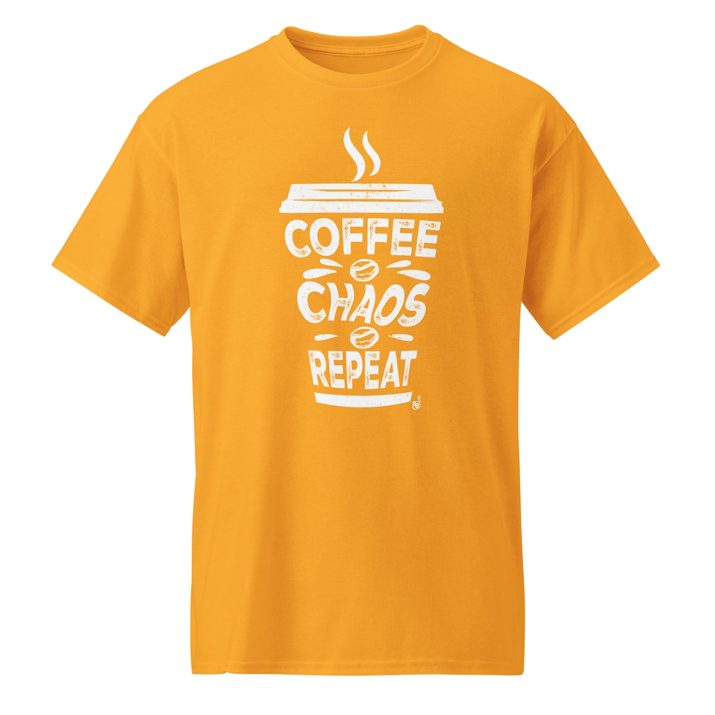 Gold Coffee Chaos Repeat text t-shirt for all coffee lover on the go BimBangDesign