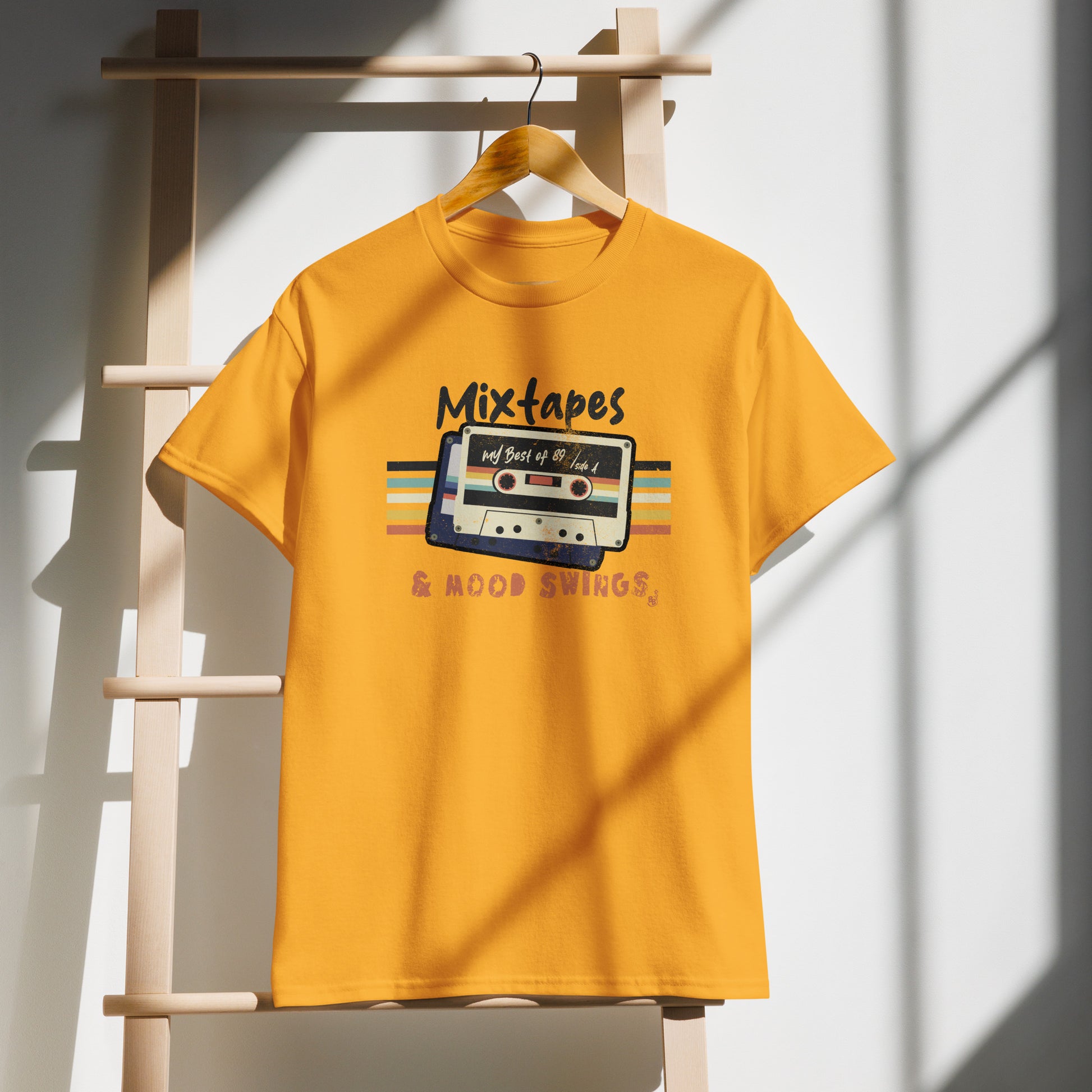 Suspended Gold Mixtapes & Mood Swings T-shirt in vintage typography BimBangDesign