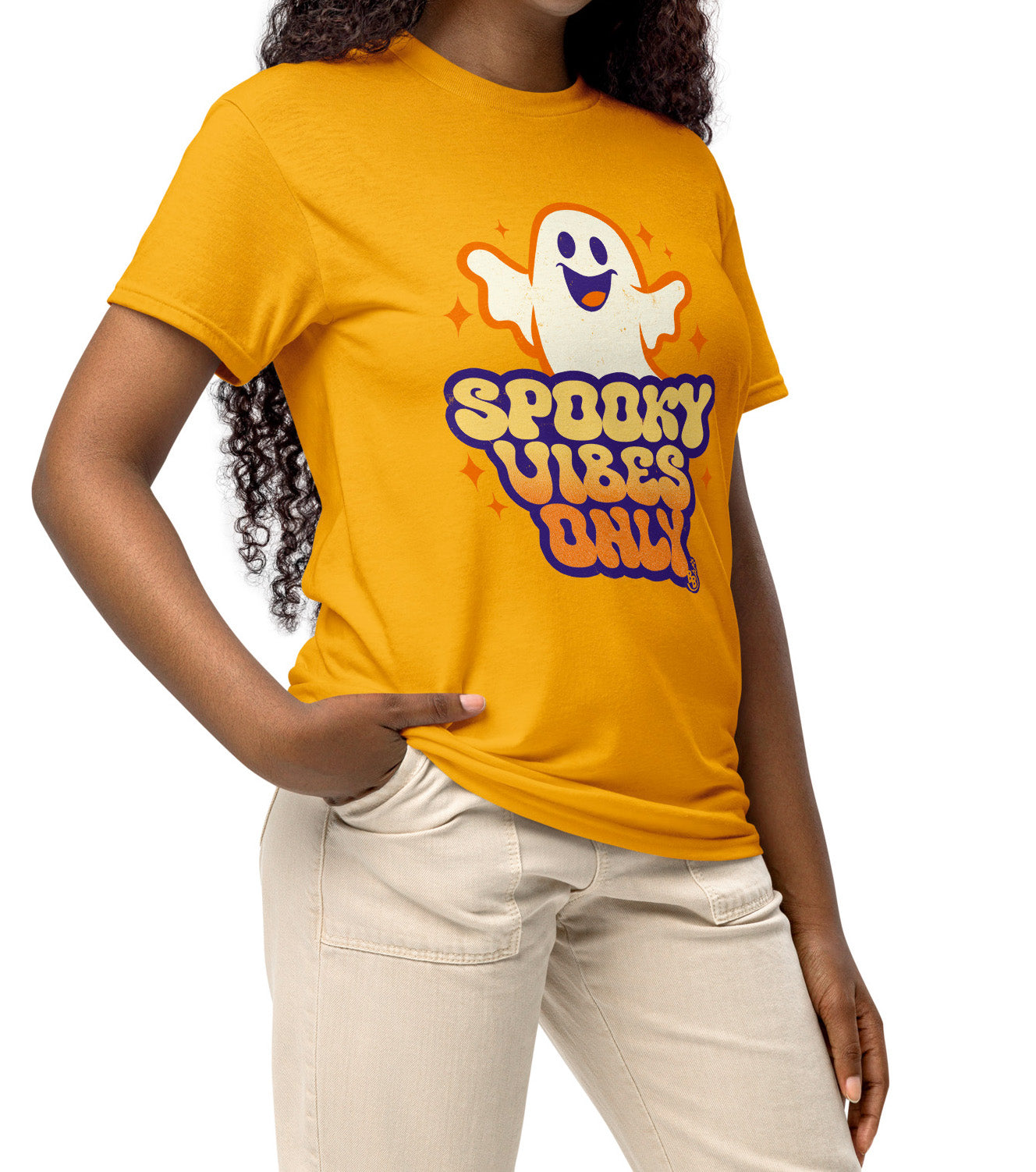 Gold Spooky vibes only t-shirt worn by a halloween and cartoon ghost Fan BimBangDesign