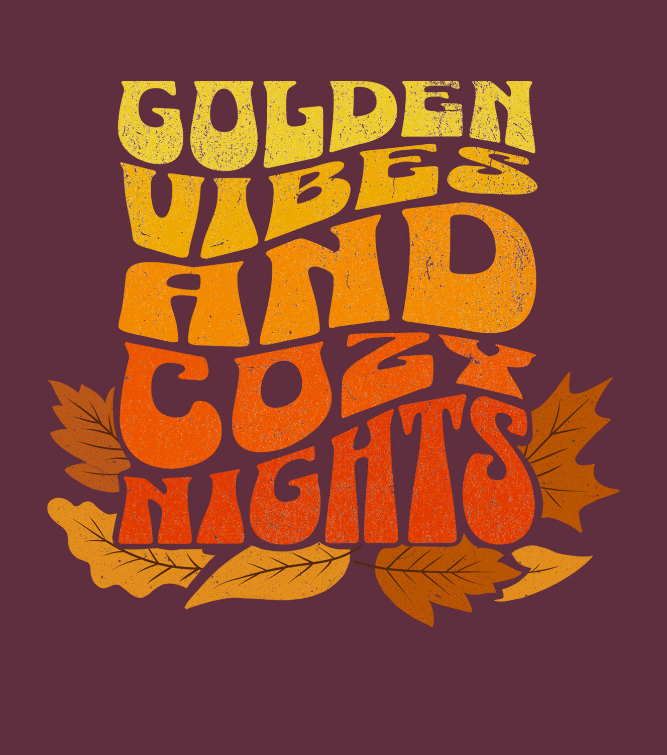 T-shirt details of “Golden Vibes and Cozy Nights” text in yellow-to-orange gradient and autumn leafs print BimBangDesign