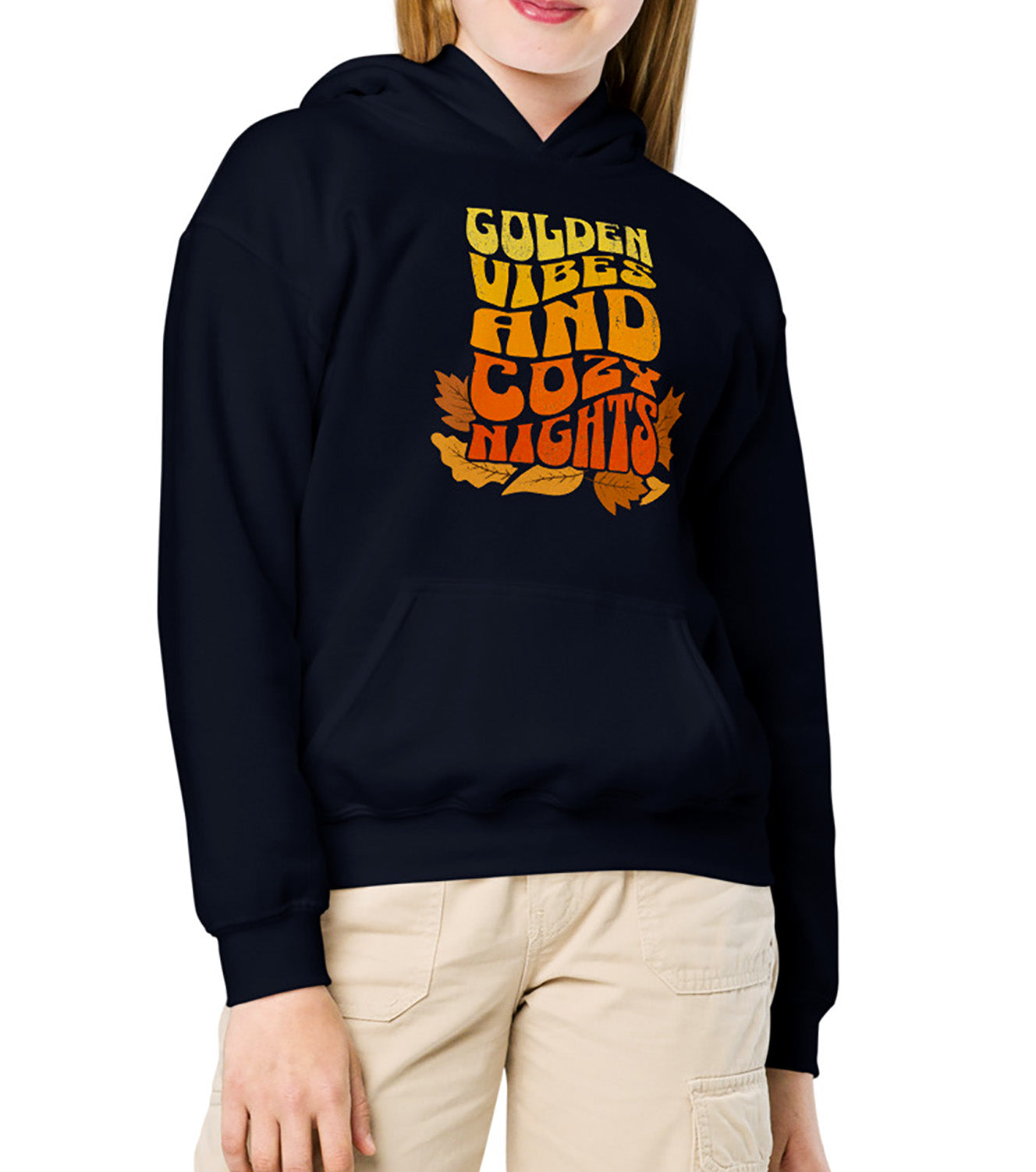 Kids hoodie with colorful “Golden Vibes and Cozy Nights” text and autumn leaves illustration. Cozy fall sweatshirt for children. BimBangDesign