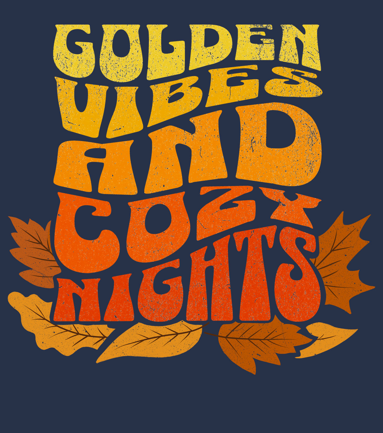 Kids hoodie details of colorful “Golden Vibes and Cozy Nights” text and autumn leaves illustration. Cozy fall sweatshirt for children. BimBangDesign