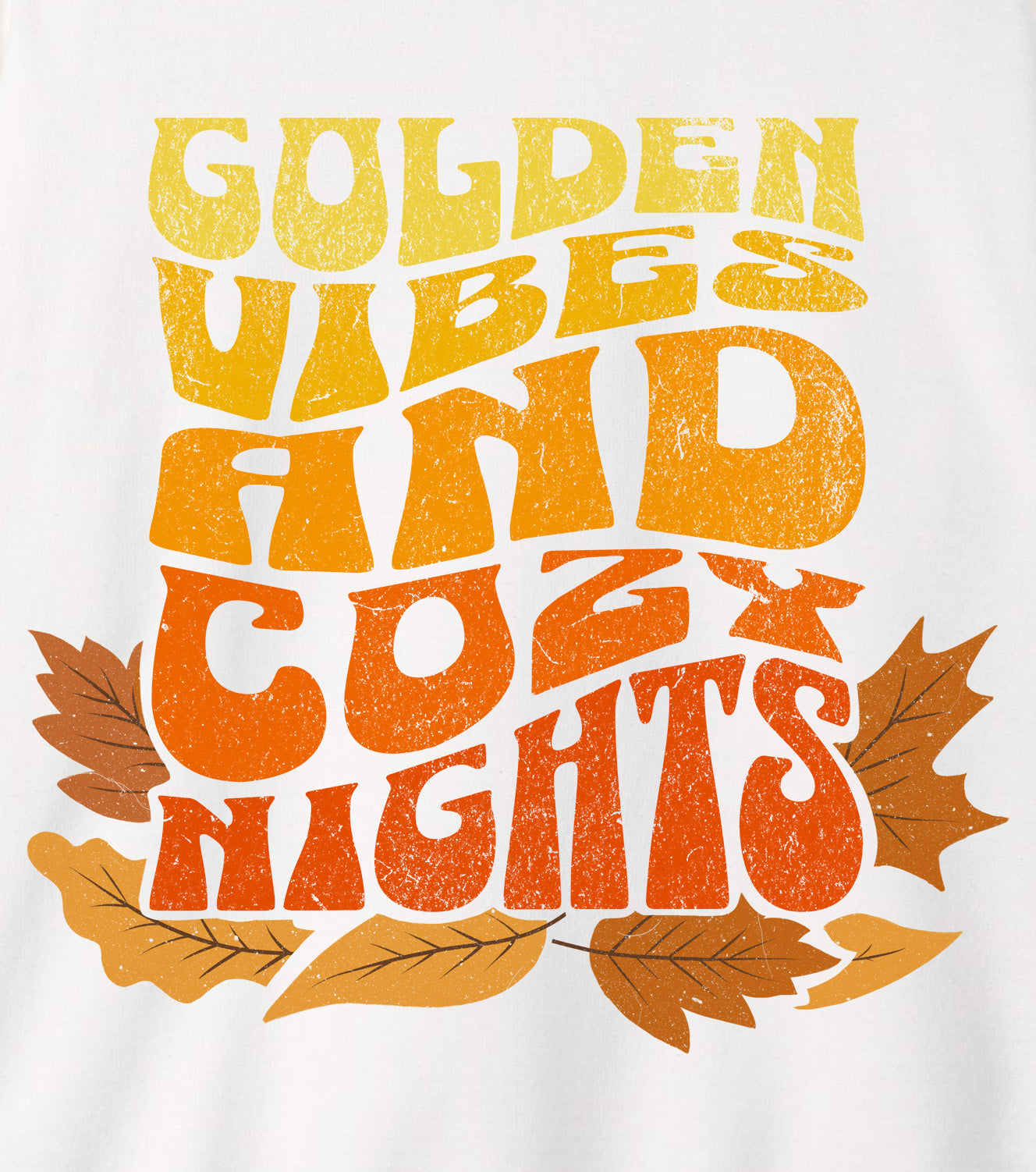 Comfy sweatshirt details of “Golden Vibes and Cozy Nights” text in yellow-to-orange gradient and autumn leafs BimBangDesign