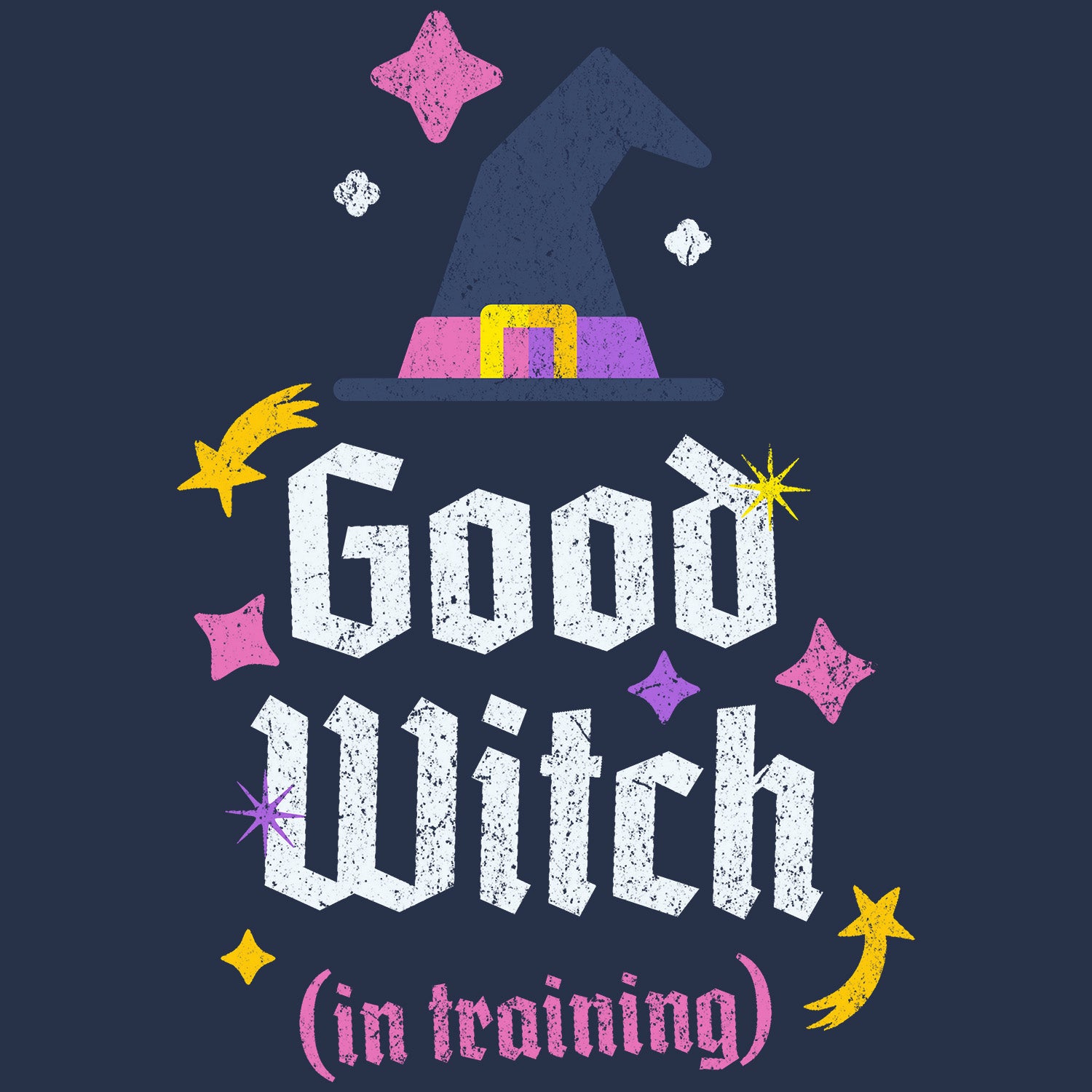 Good Witch In Training kids t-shirt details — pink and yellow stars design