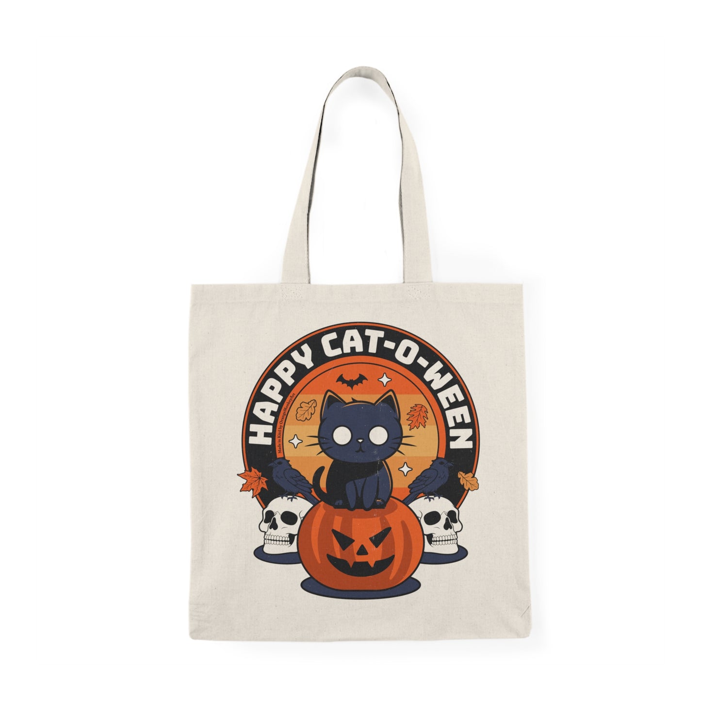 Happy Cat-O-Ween tote bag featuring cartoon cat and Halloween design — cute spooky reusable bag by BimBangDesign
